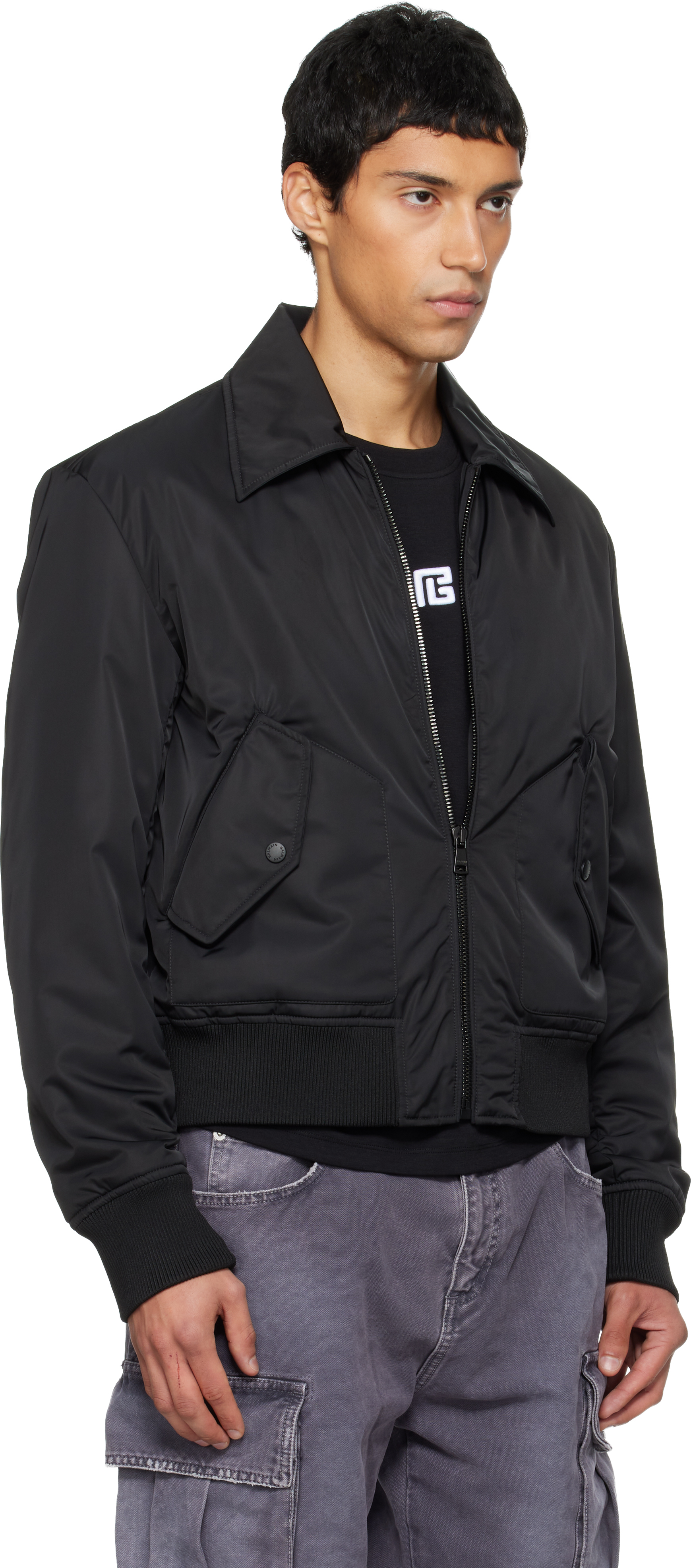 Balmain Black Big Stamp Bomber Jacket In Black
