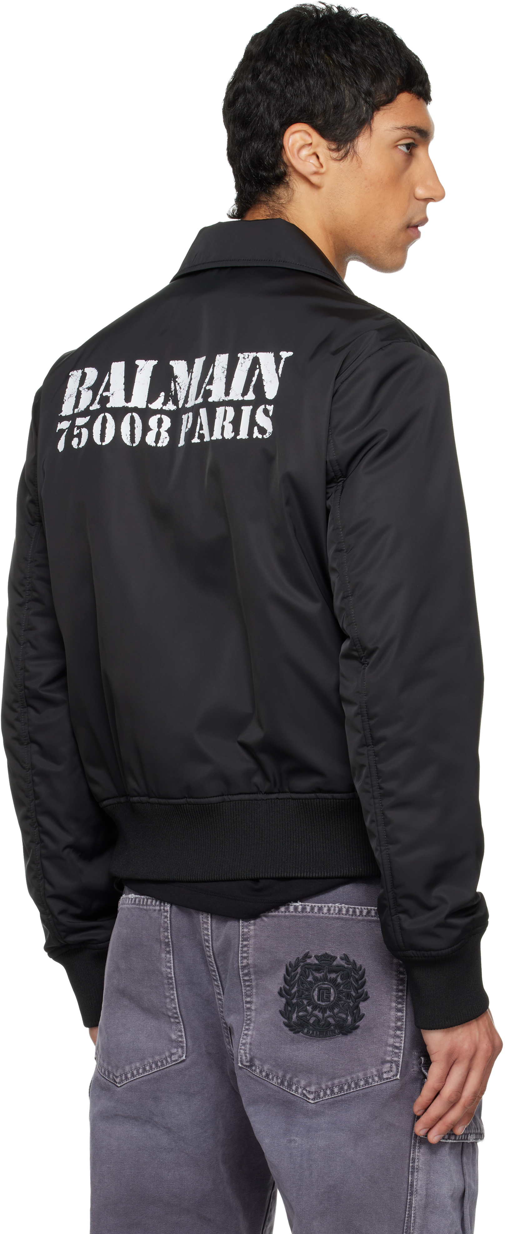 Balmain Black Big Stamp Bomber Jacket In Black