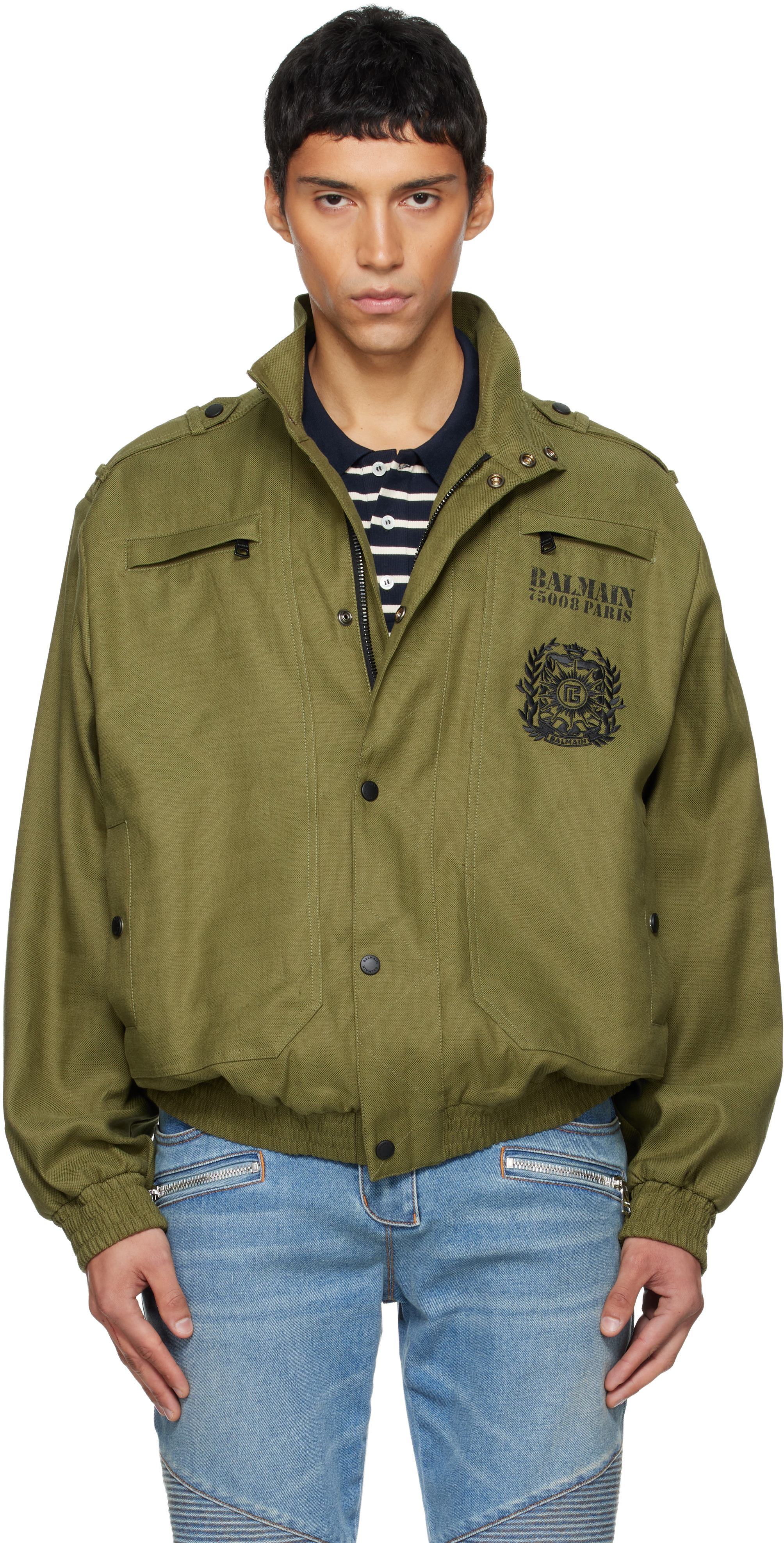 Balmain Khaki Cotton Aviator-style Bomber Jacket In Gray
