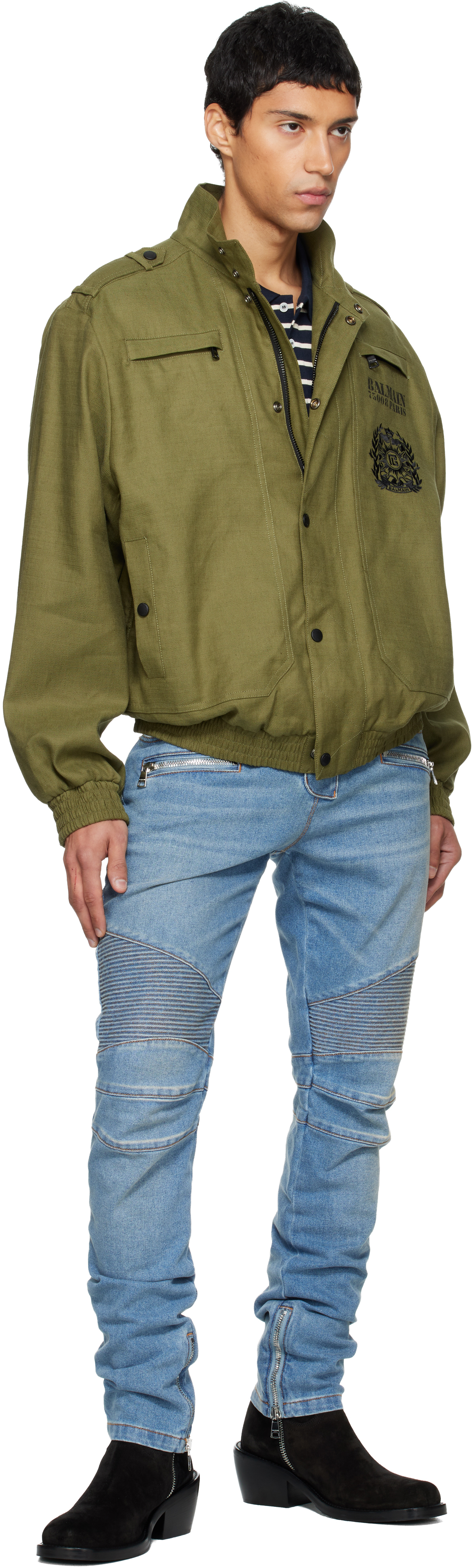 Balmain Khaki Cotton Aviator-style Bomber Jacket In Gray