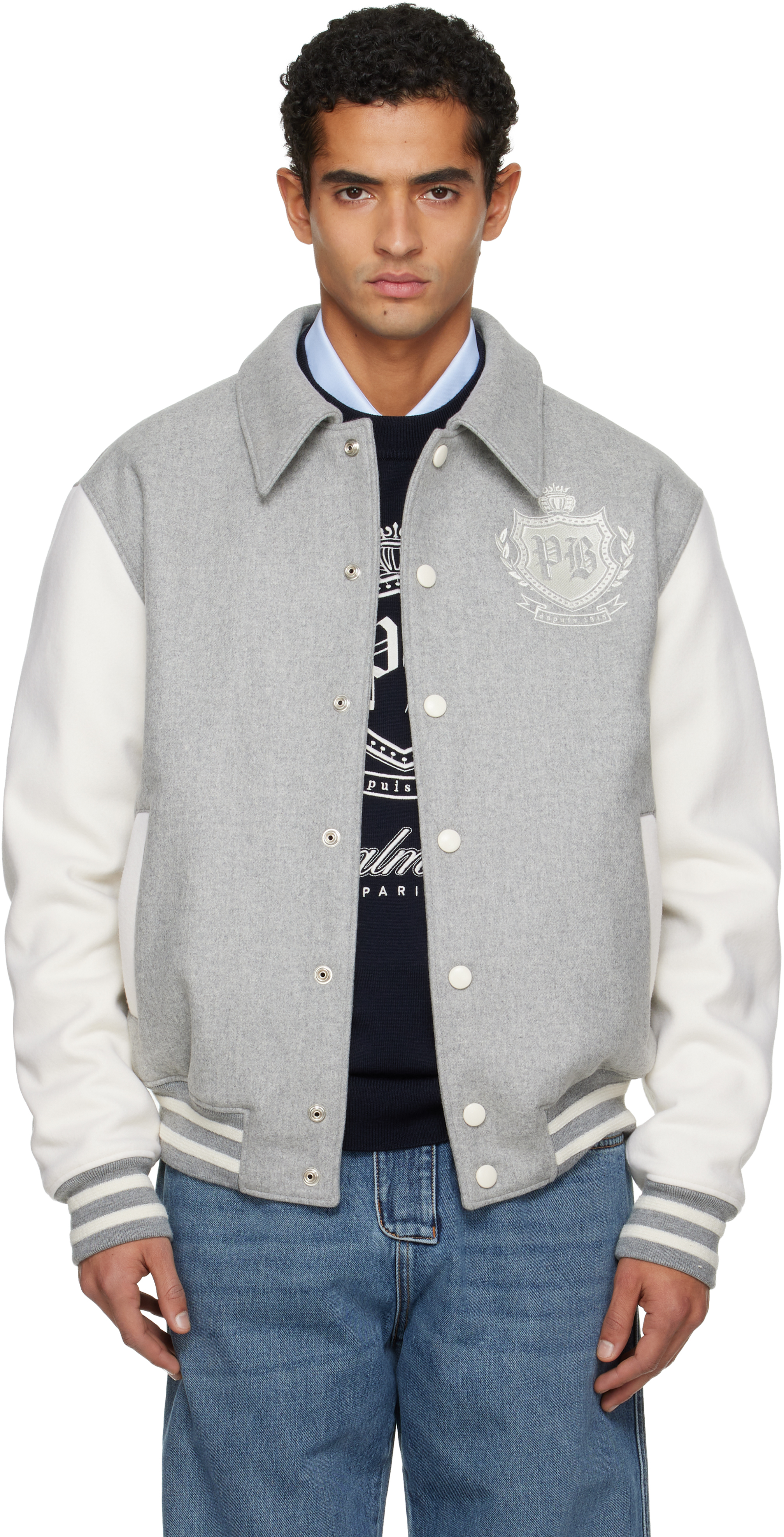 Balmain Gray Bicolor Wool Varsity Bomber Jacket In Gray