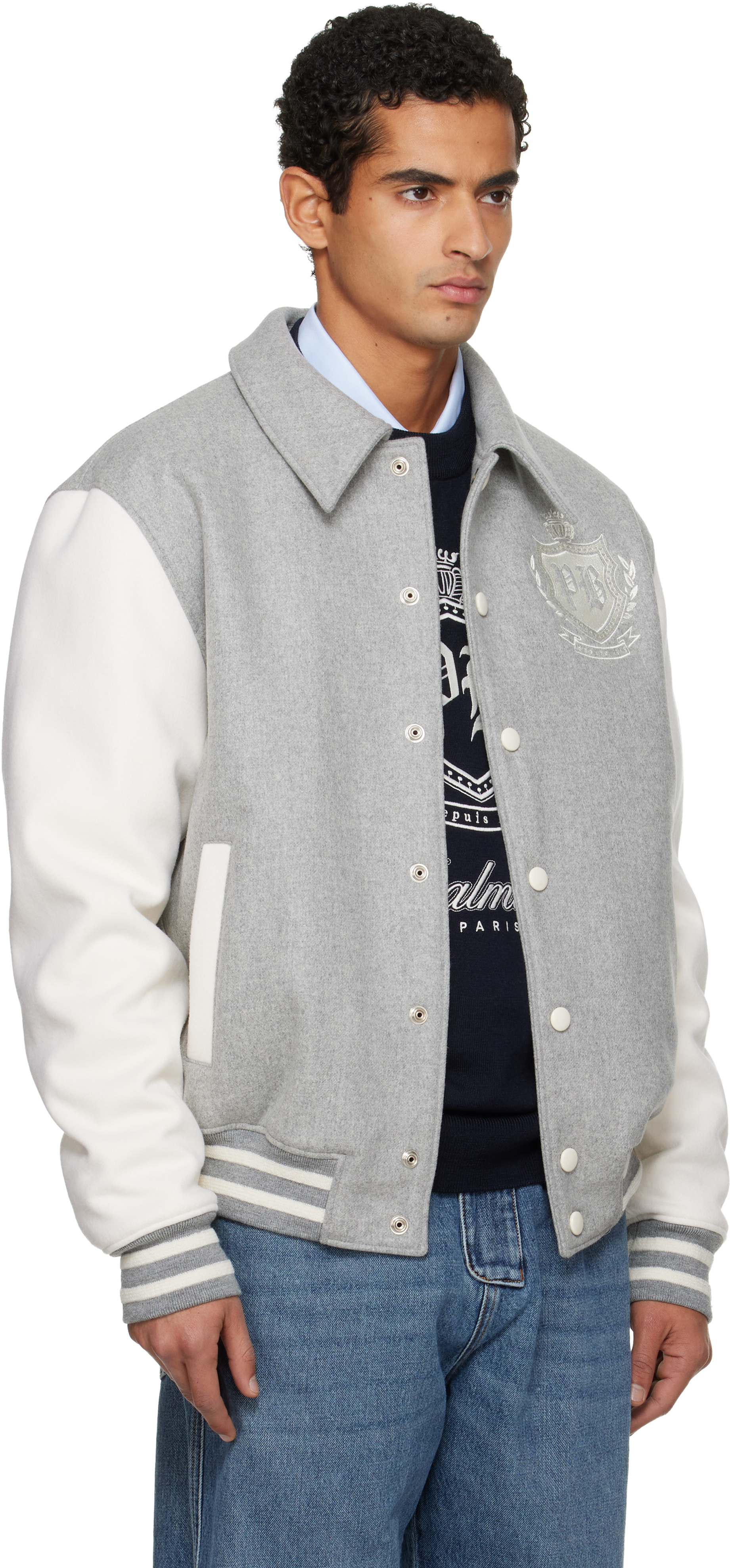 Balmain Gray Bicolor Wool Varsity Bomber Jacket In Gray