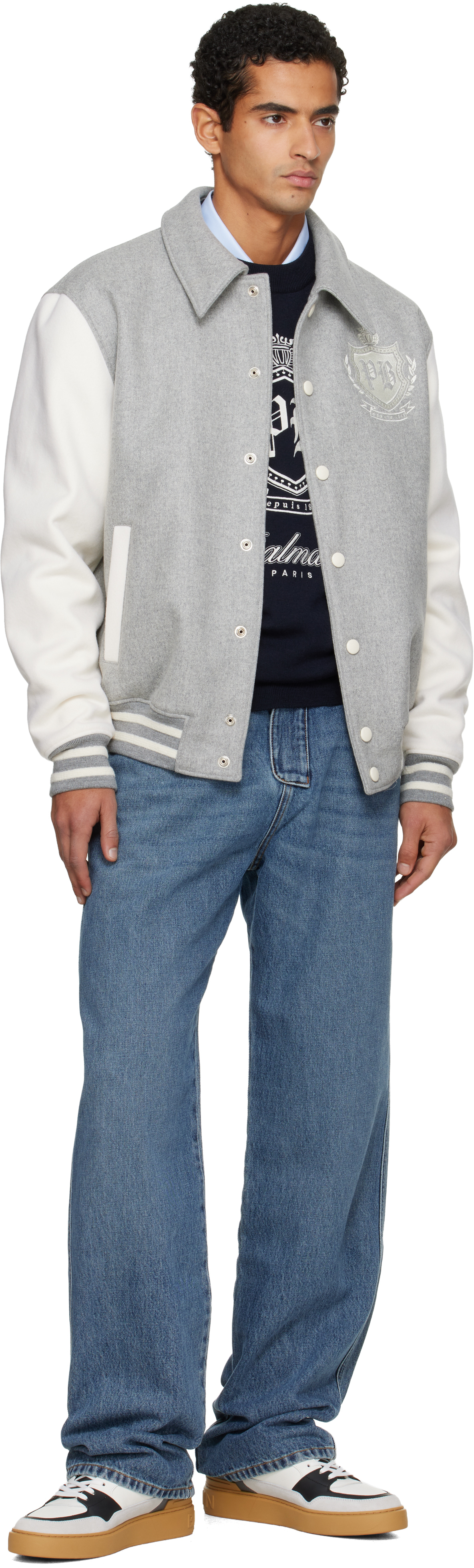 Balmain Gray Bicolor Wool Varsity Bomber Jacket In Gray