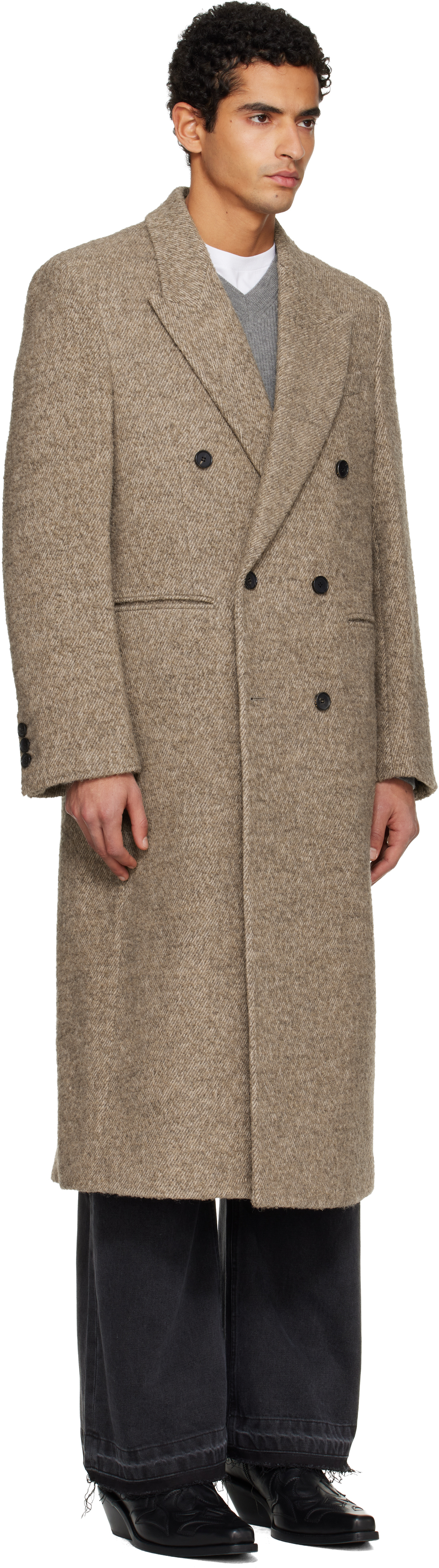 Tonywack Beige Textured Wool & Alpaca Double-breasted Coat In Gray