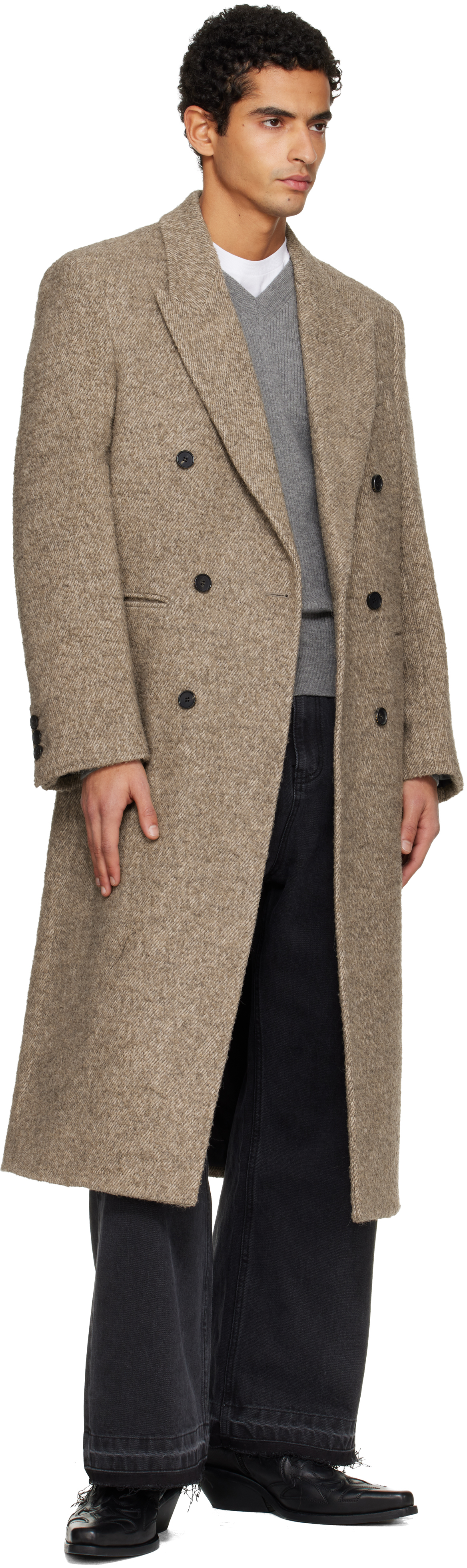 Tonywack Beige Textured Wool & Alpaca Double-breasted Coat In Gray