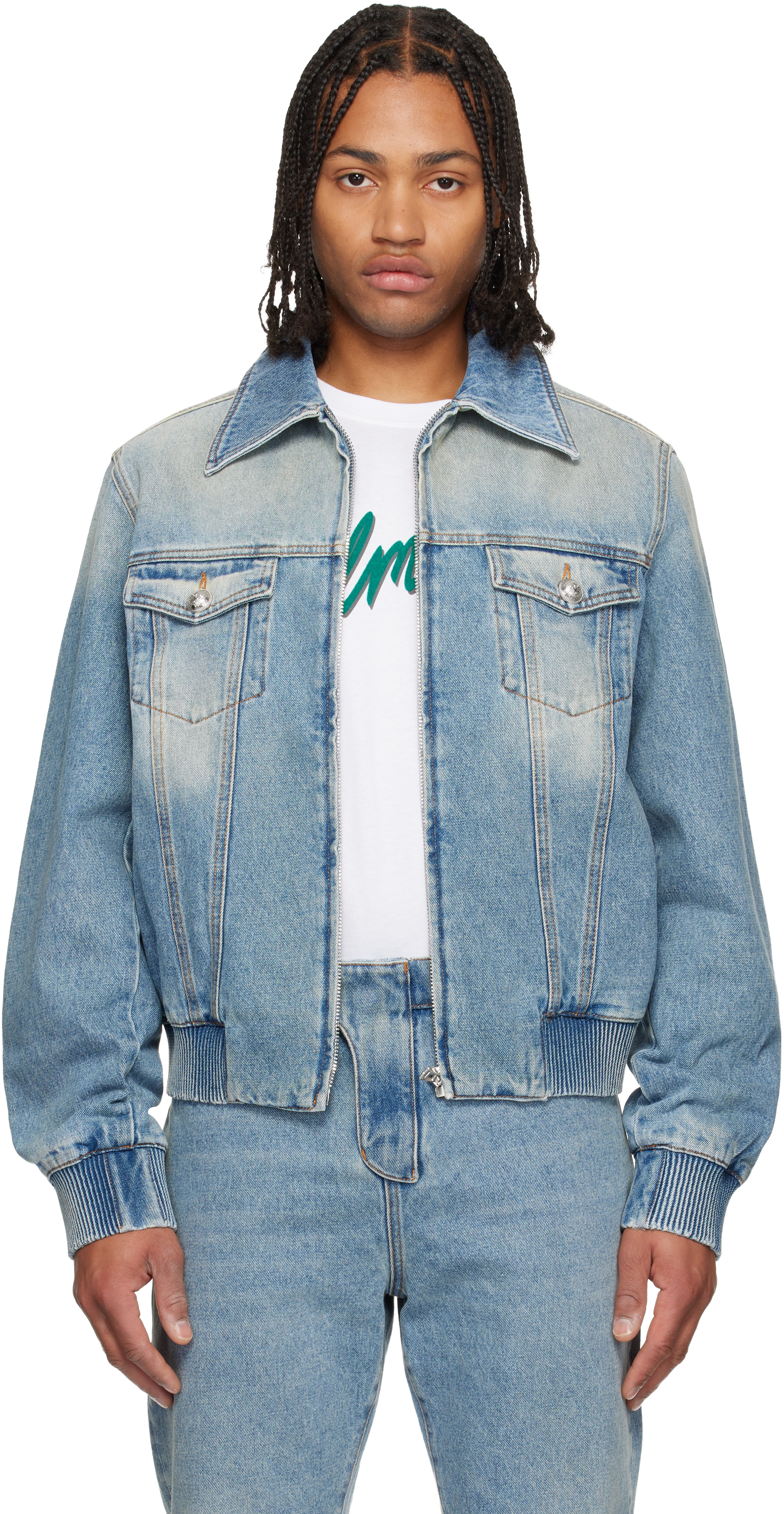 Balmain Blue Cropped Lined Denim Jacket In Black