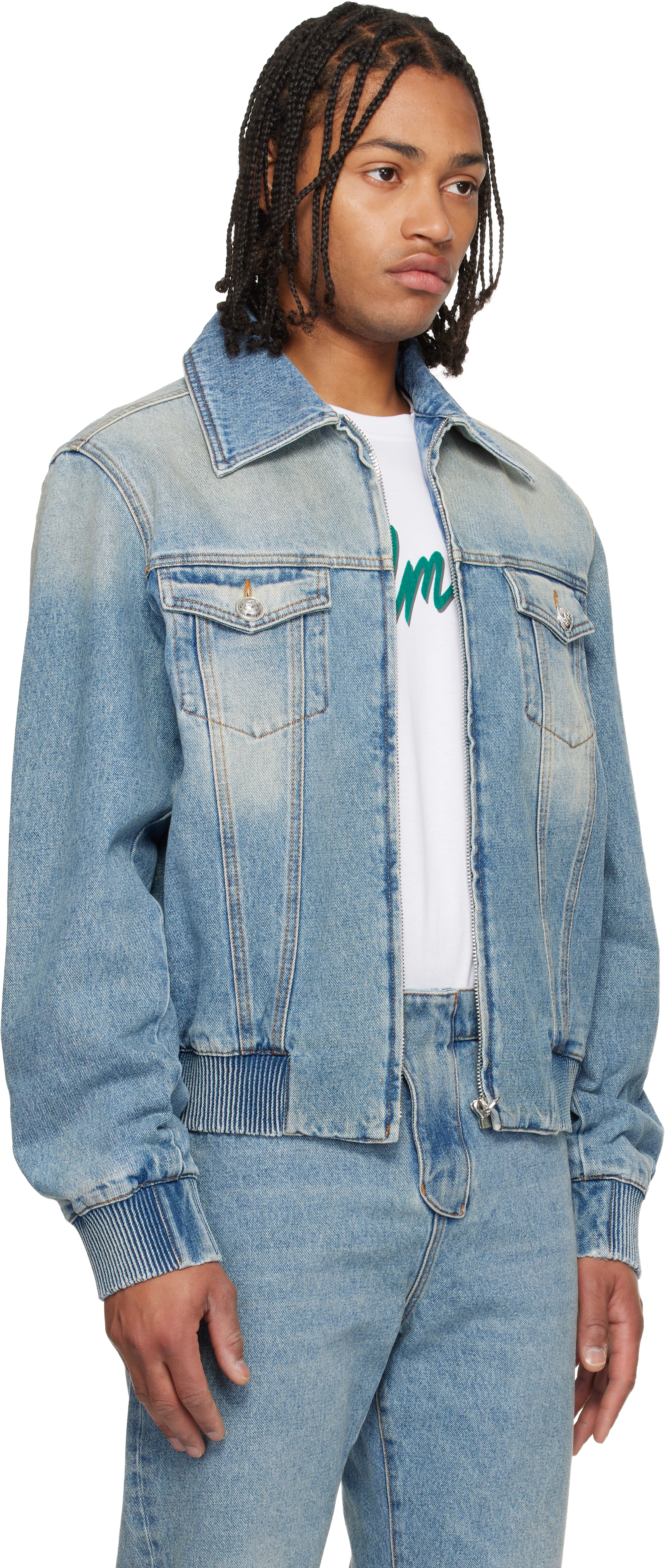 Balmain Blue Cropped Lined Denim Jacket In Black