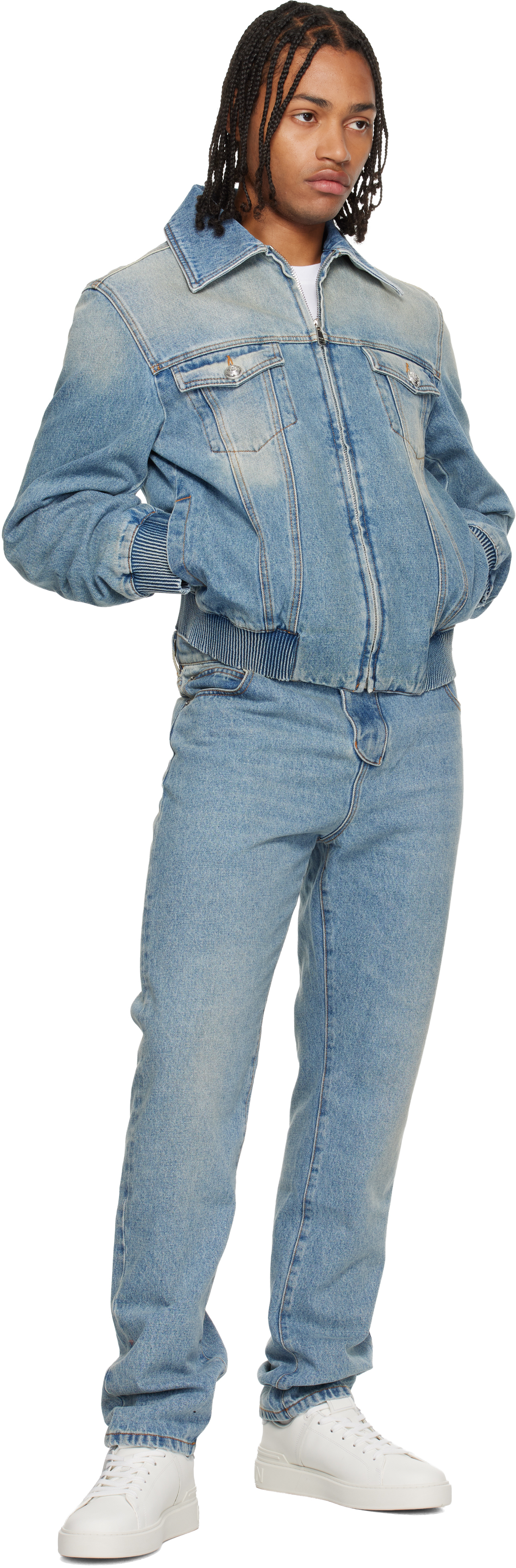 Balmain Blue Cropped Lined Denim Jacket In Black