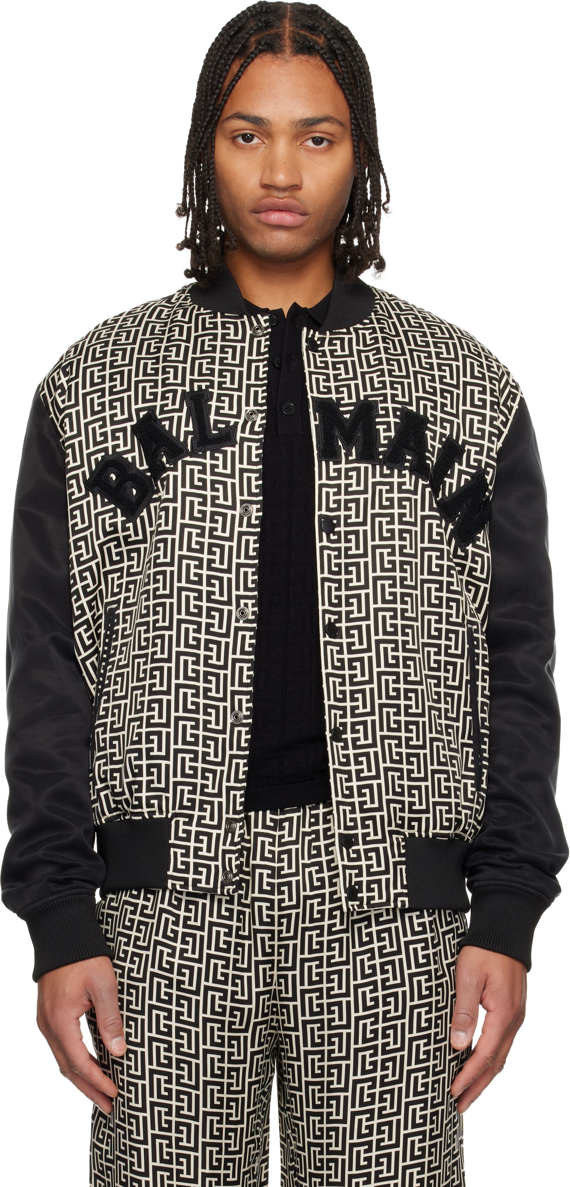 Balmain Pb Labyrinth Monogram Varsity Bomber Jacket In Black