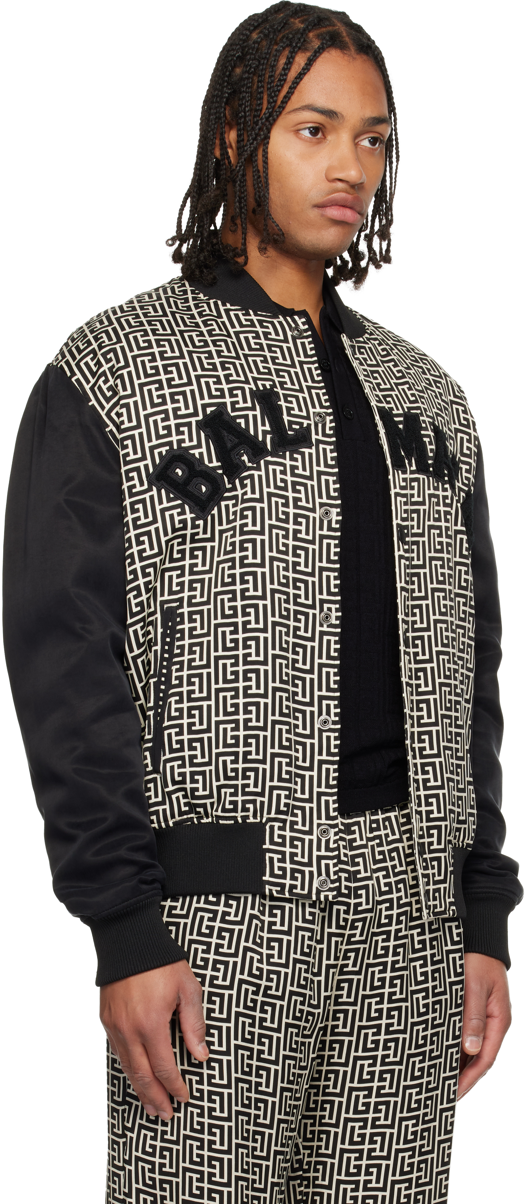 Balmain Pb Labyrinth Monogram Varsity Bomber Jacket In Black