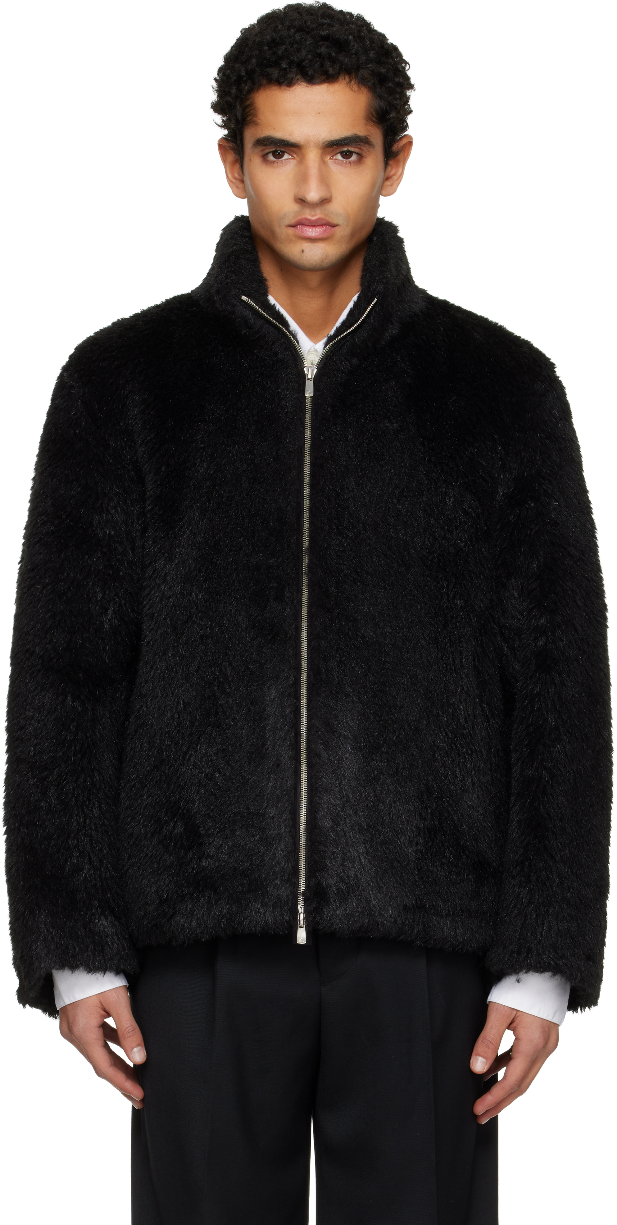 Tonywack Black Wool Shaggy Faux-fur Zippered Jacket In Black
