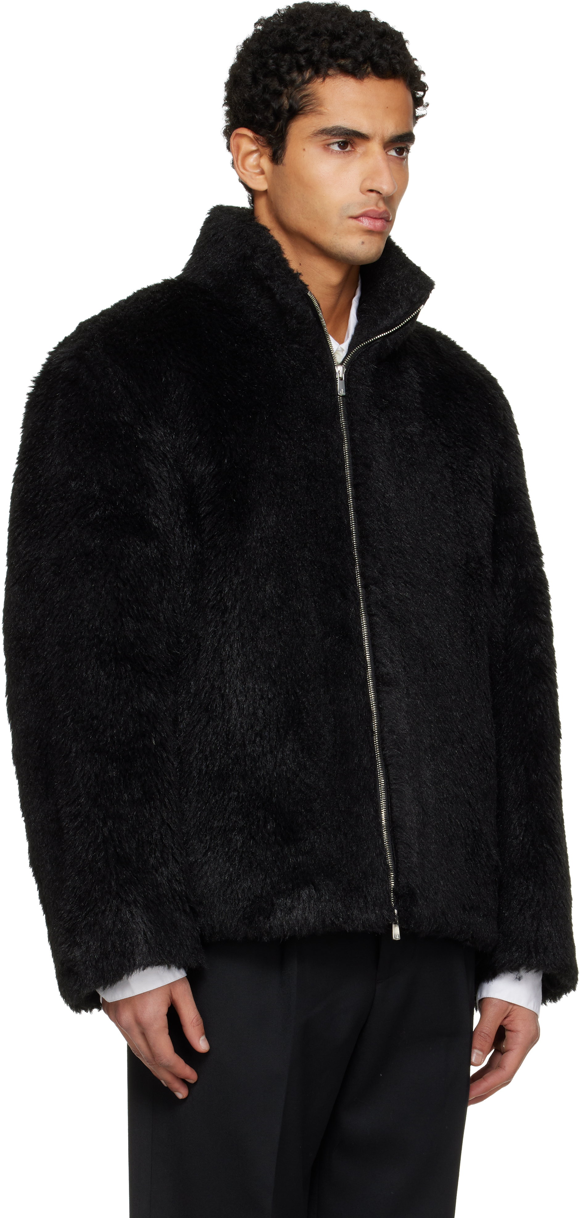 Tonywack Black Wool Shaggy Faux-fur Zippered Jacket In Black