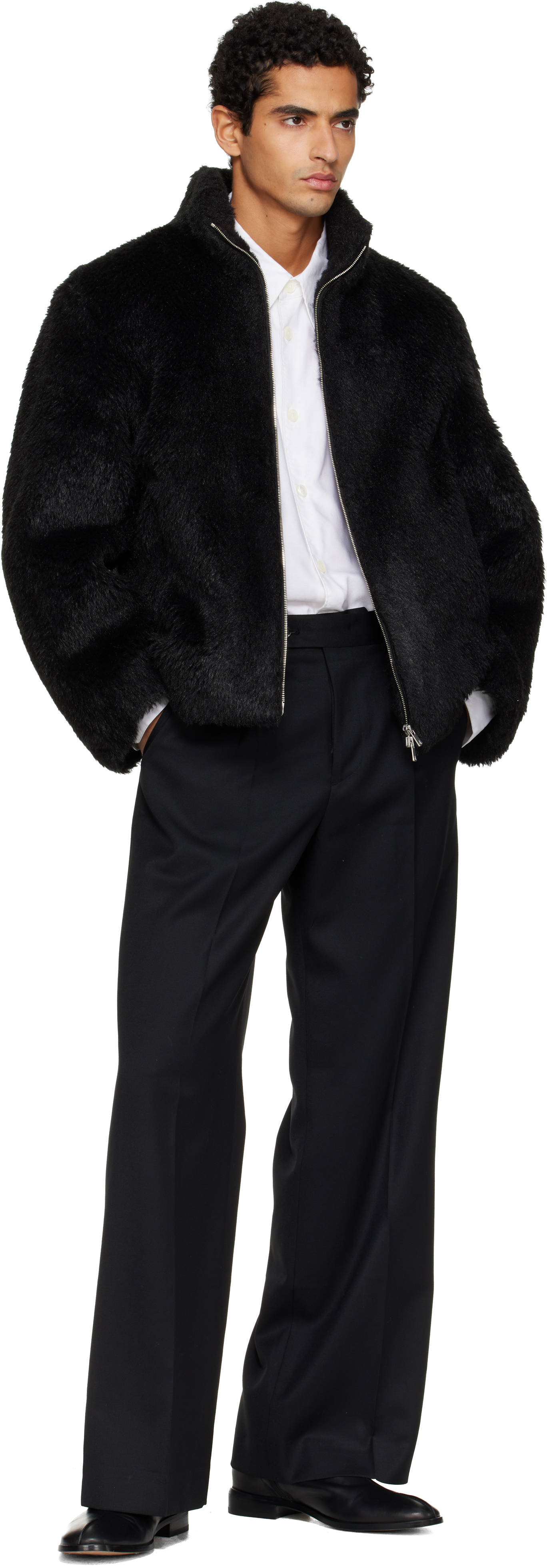 Tonywack Black Wool Shaggy Faux-fur Zippered Jacket In Black