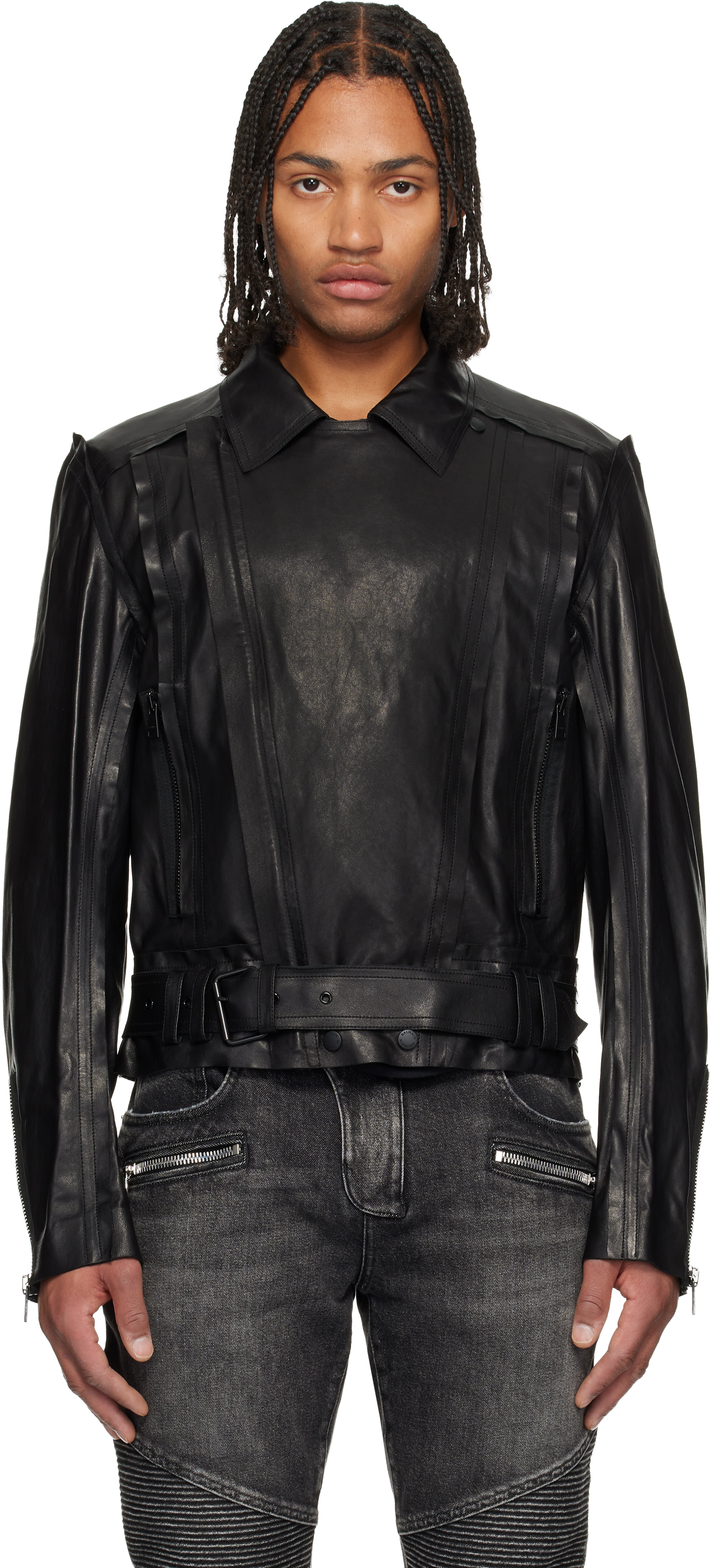 Balmain Black Lightweight Lambskin Leather Biker Jacket In Black