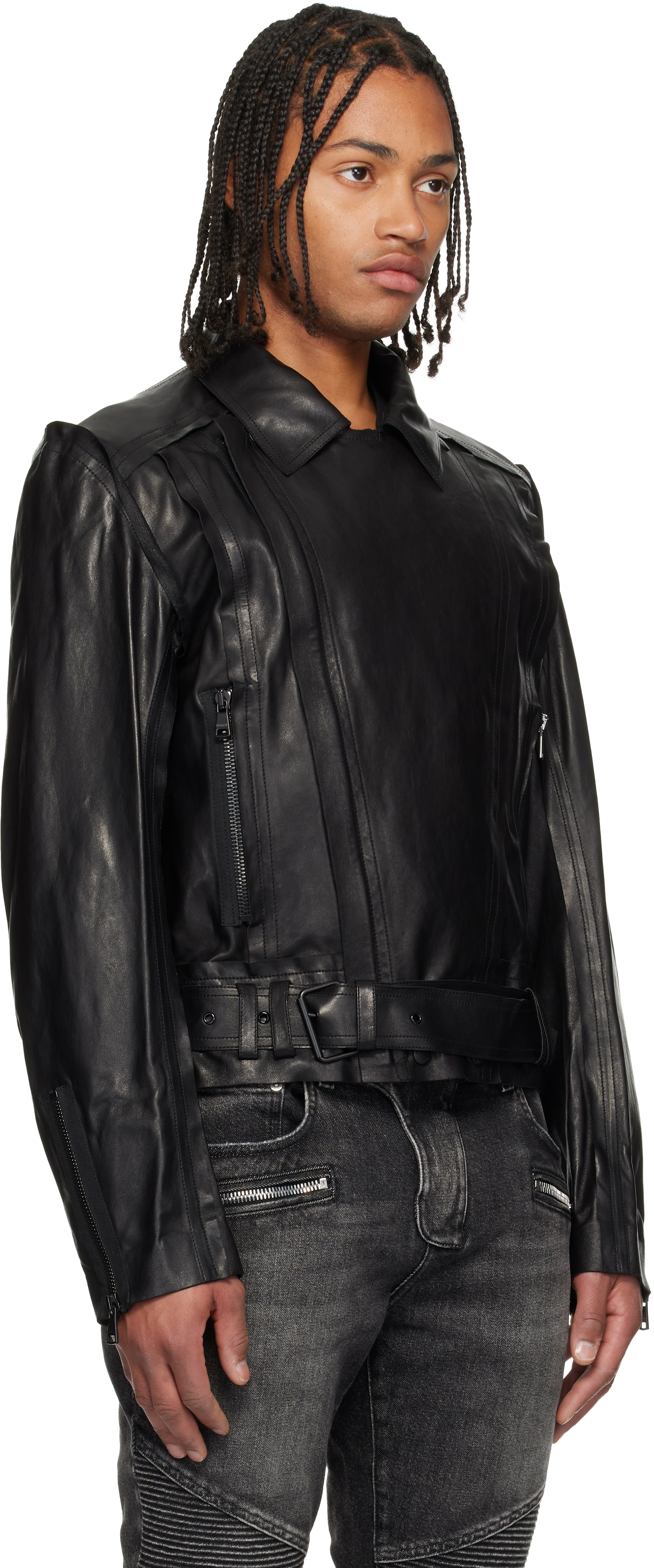 Balmain Black Lightweight Lambskin Leather Biker Jacket In Black