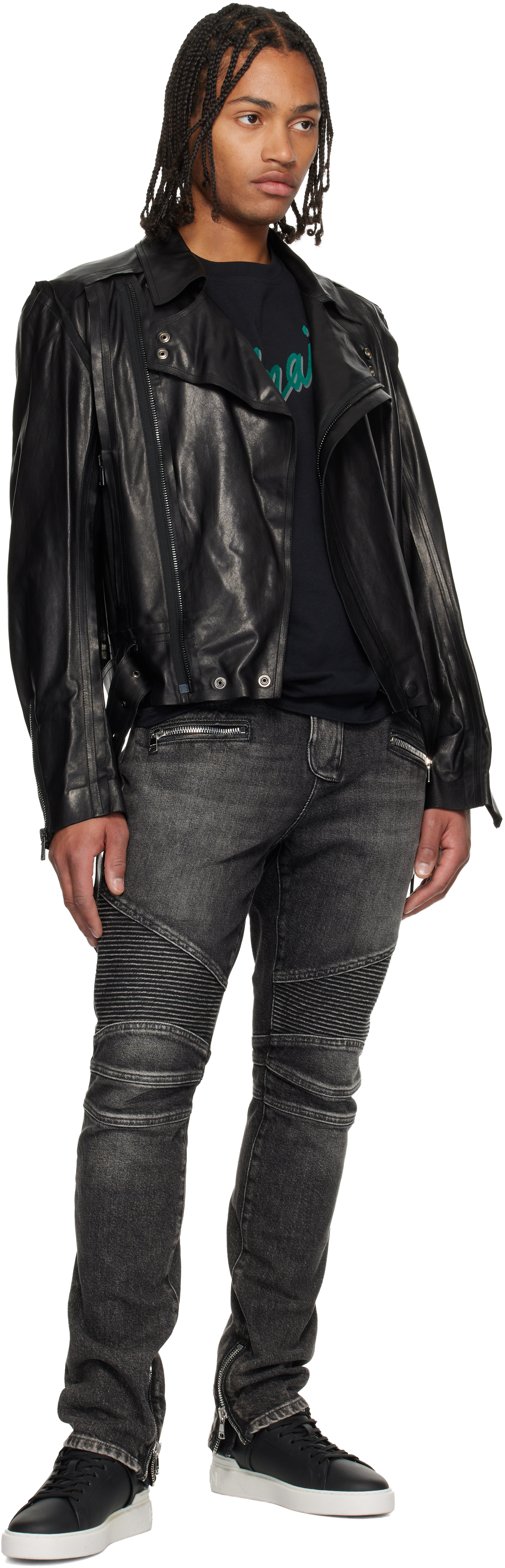 Balmain Black Lightweight Lambskin Leather Biker Jacket In Black