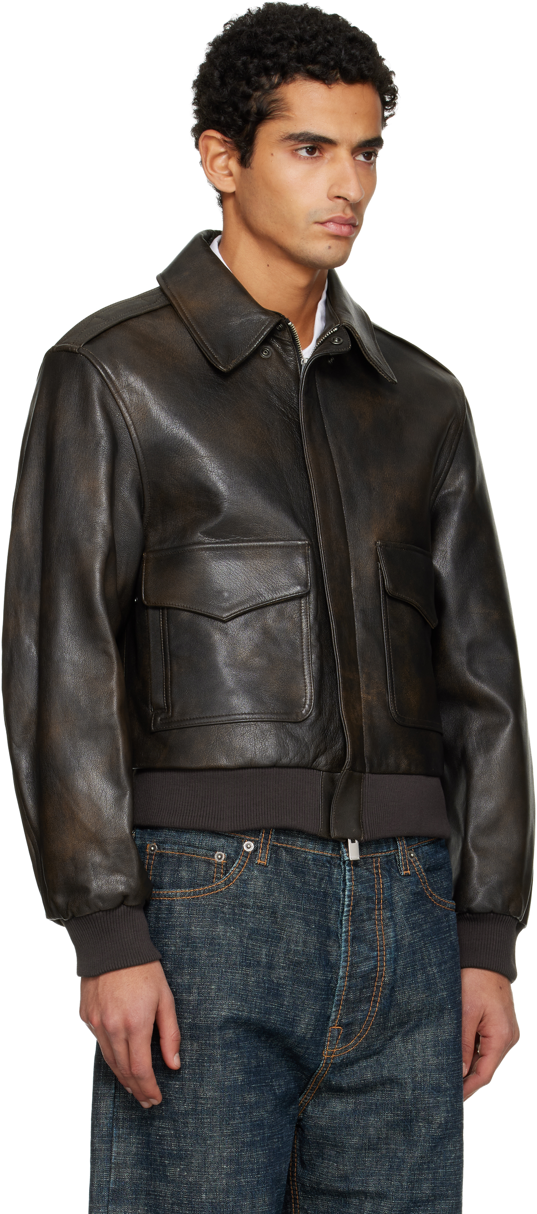 Tonywack Brown Aviator Goat Leather Jacket In White