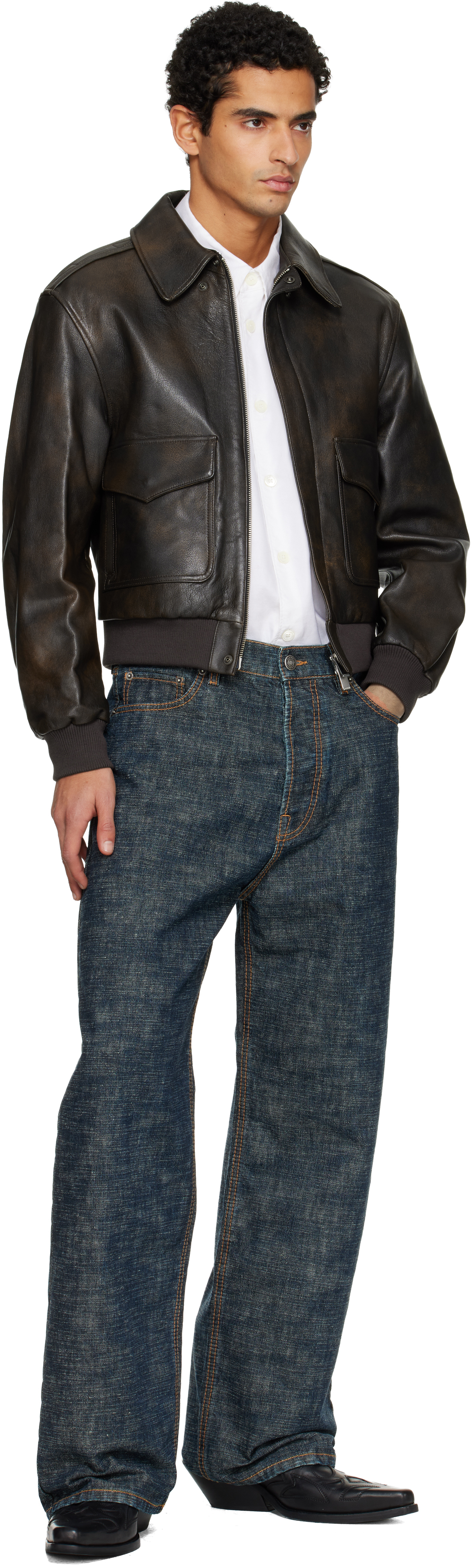 Tonywack Brown Aviator Goat Leather Jacket In White