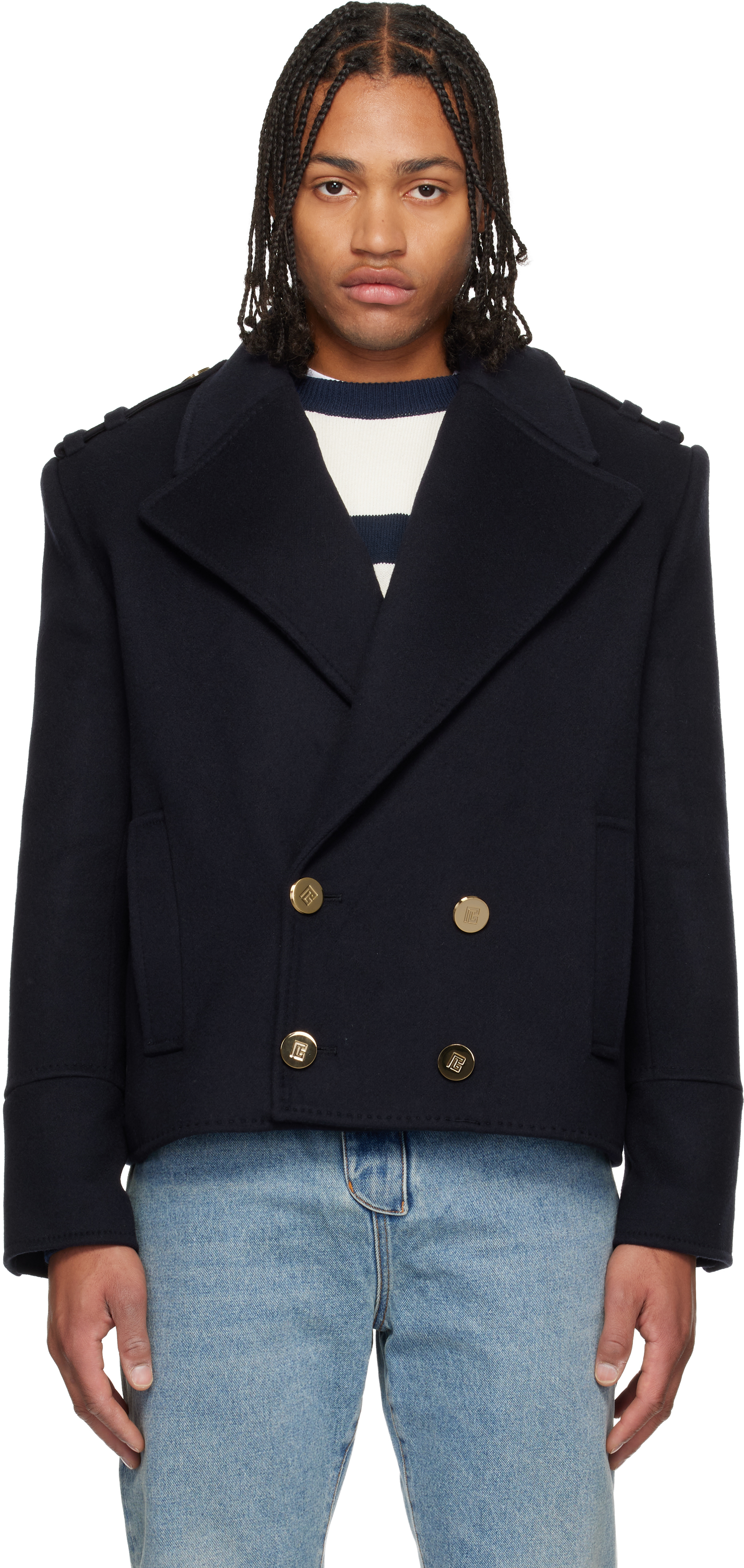Balmain Navy Cropped Wool Reefer Jacket In Blue