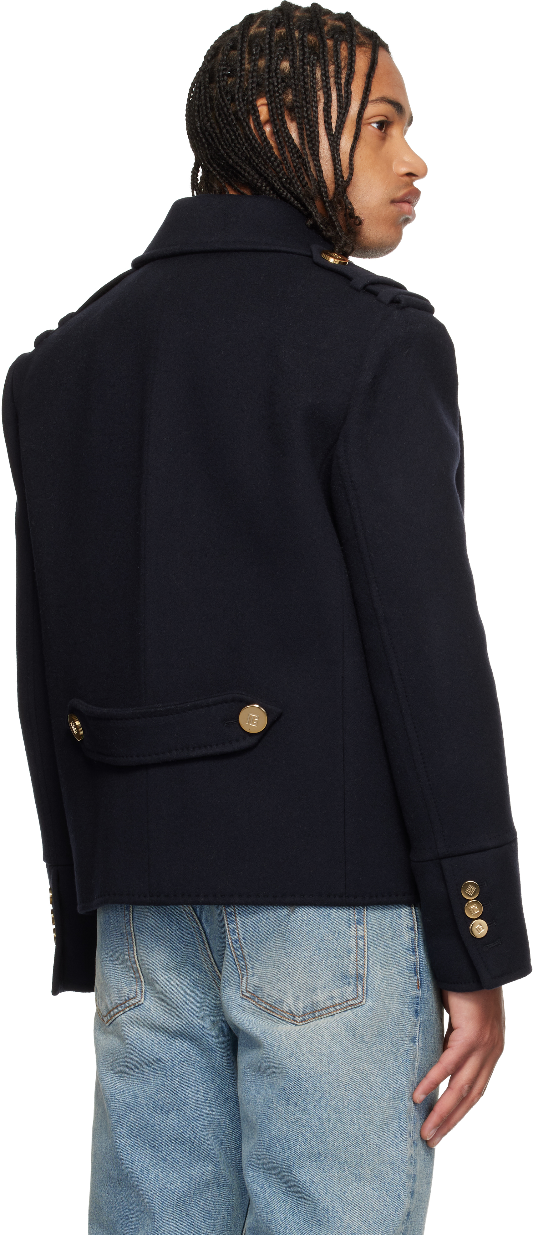 Balmain Navy Cropped Wool Reefer Jacket In Blue
