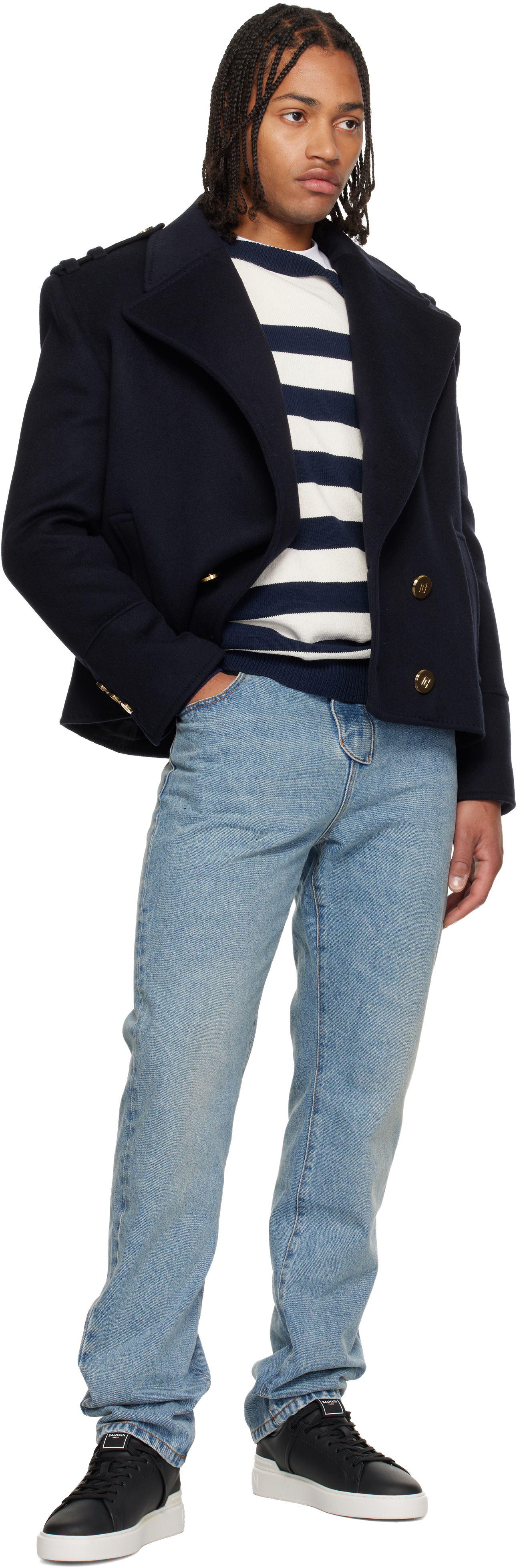 Balmain Navy Cropped Wool Reefer Jacket In Blue