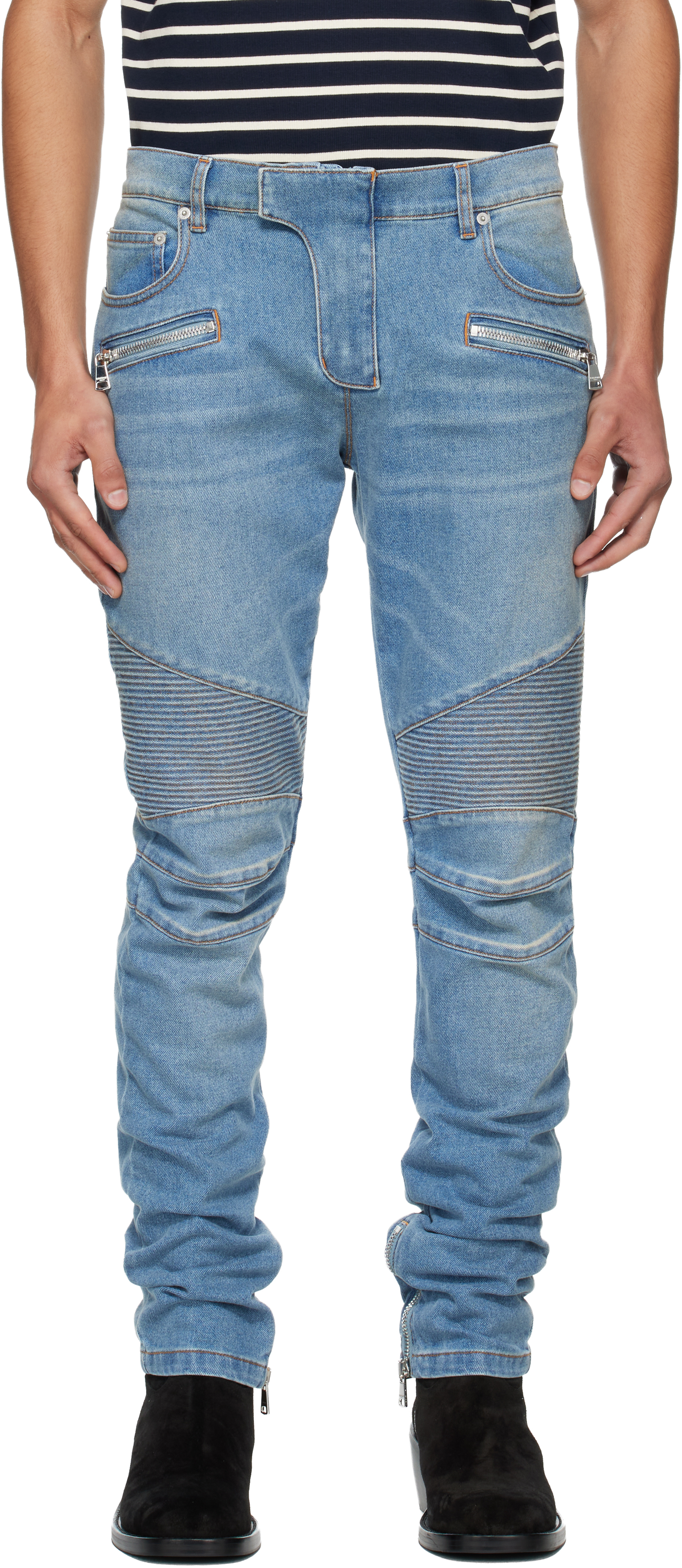 Balmain Slim-fit Biker Ribbed Jeans In Blue