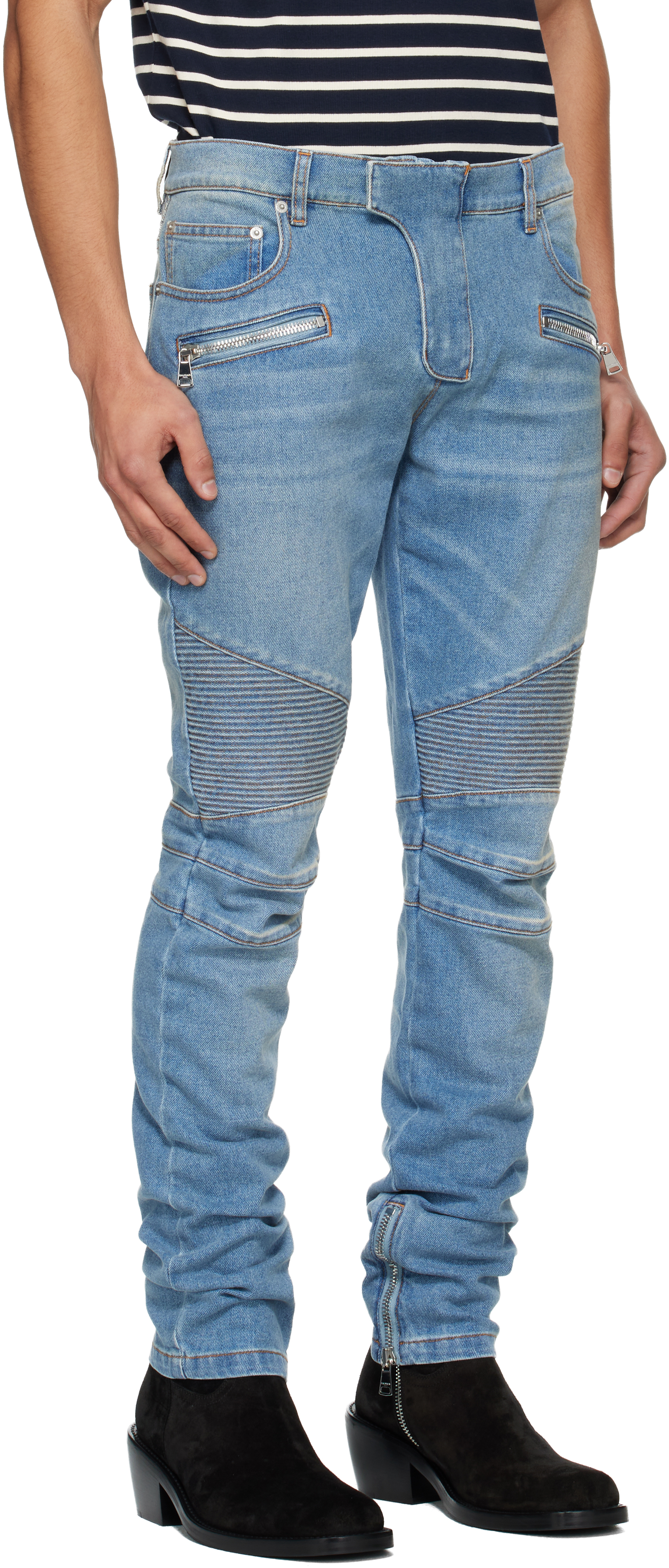 Balmain Slim-fit Biker Ribbed Jeans In Blue