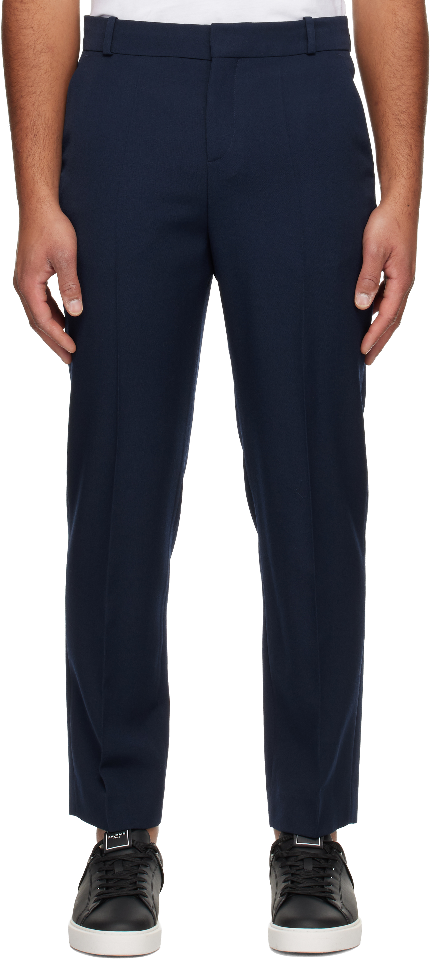 Balmain Navy Straight-leg Tailored Wool Trousers In Blue