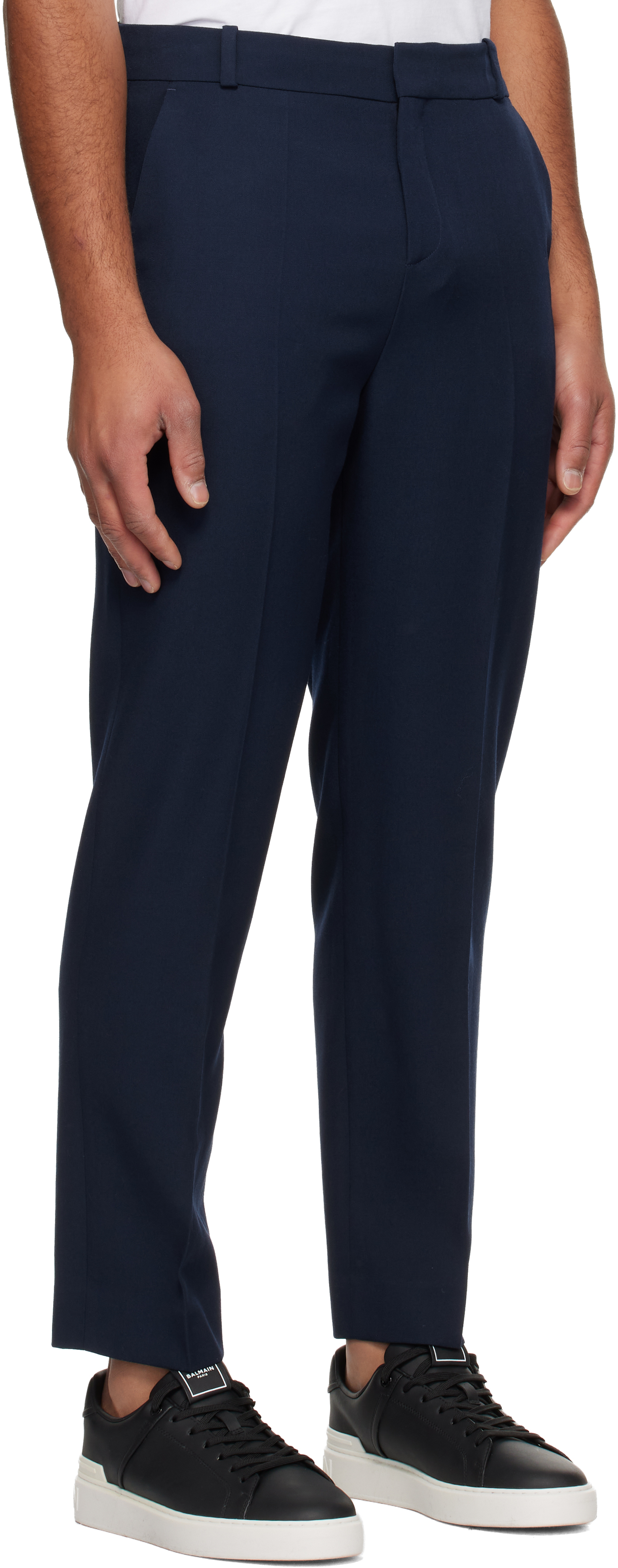 Balmain Navy Straight-leg Tailored Wool Trousers In Blue