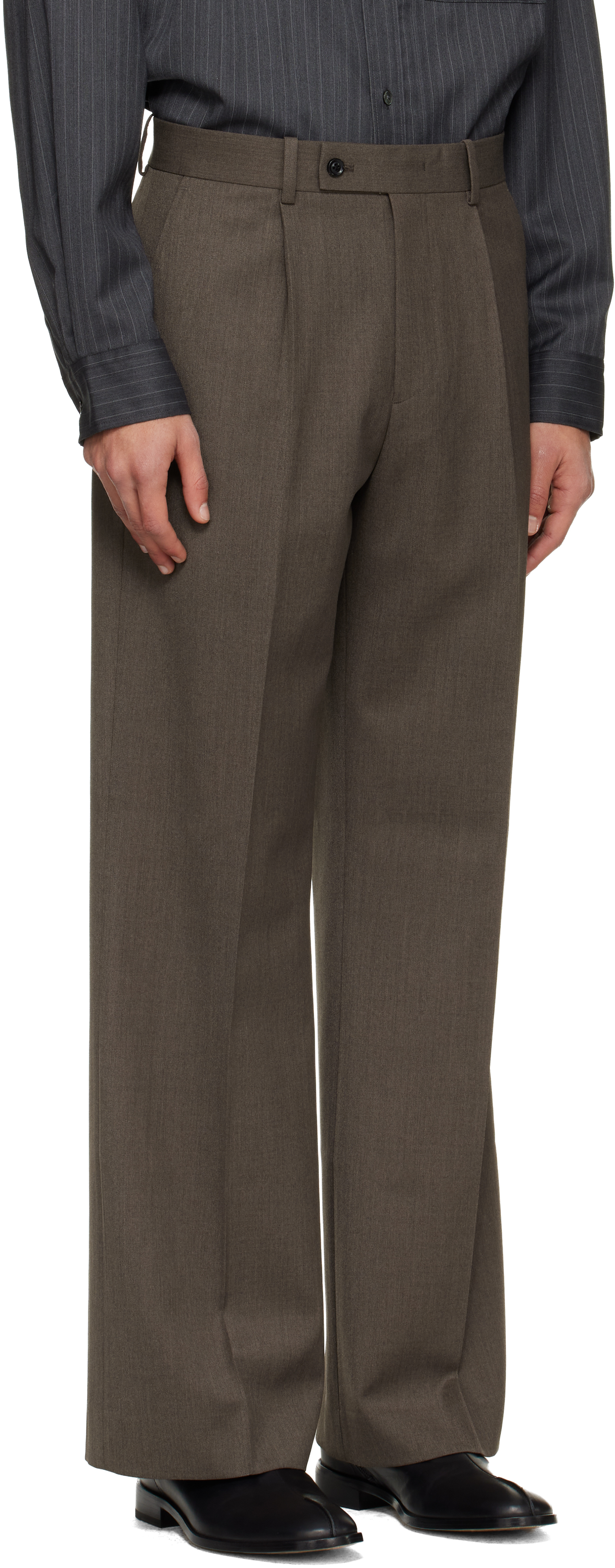 Tonywack Taupe Melange Wool Wide-leg Pleated Trousers In Green