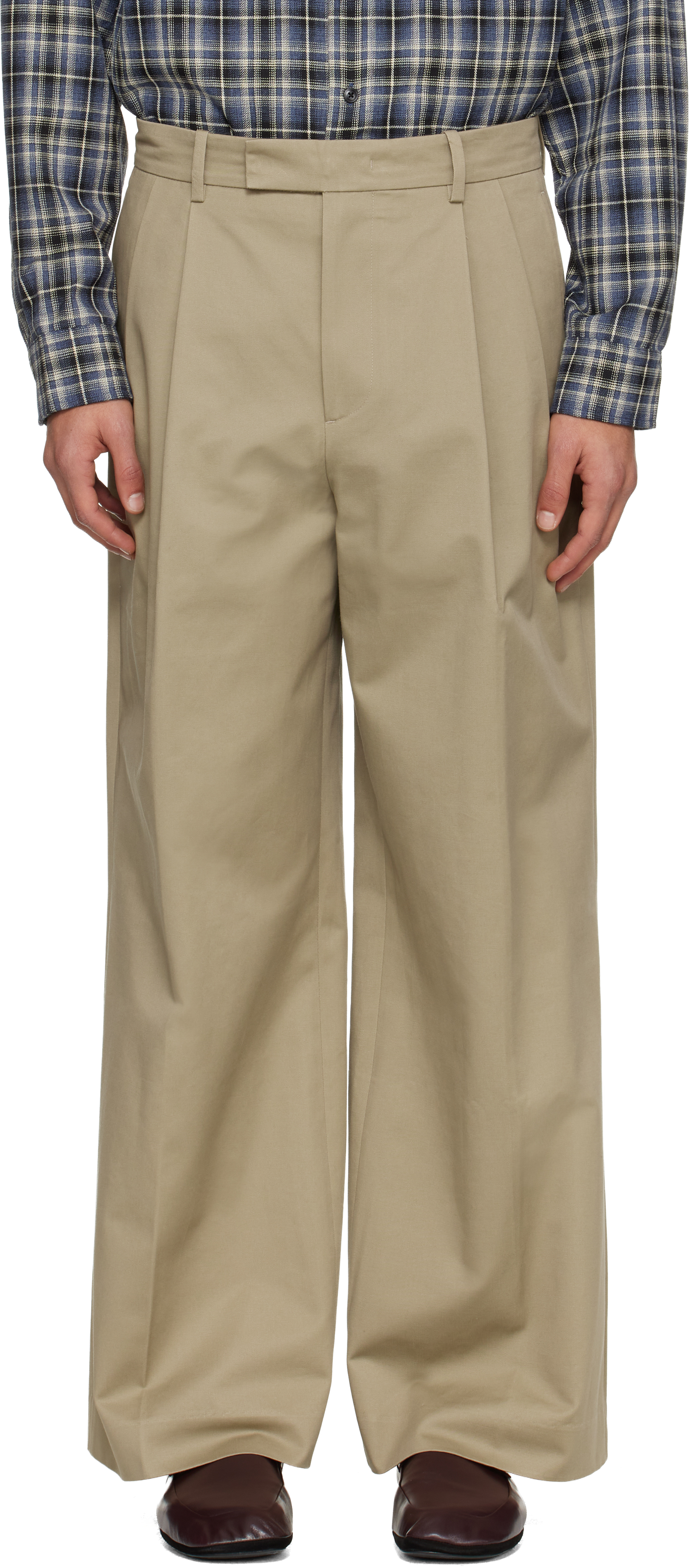 Tonywack Beige Cotton Drill Wide Leg Pleated Trousers In Green