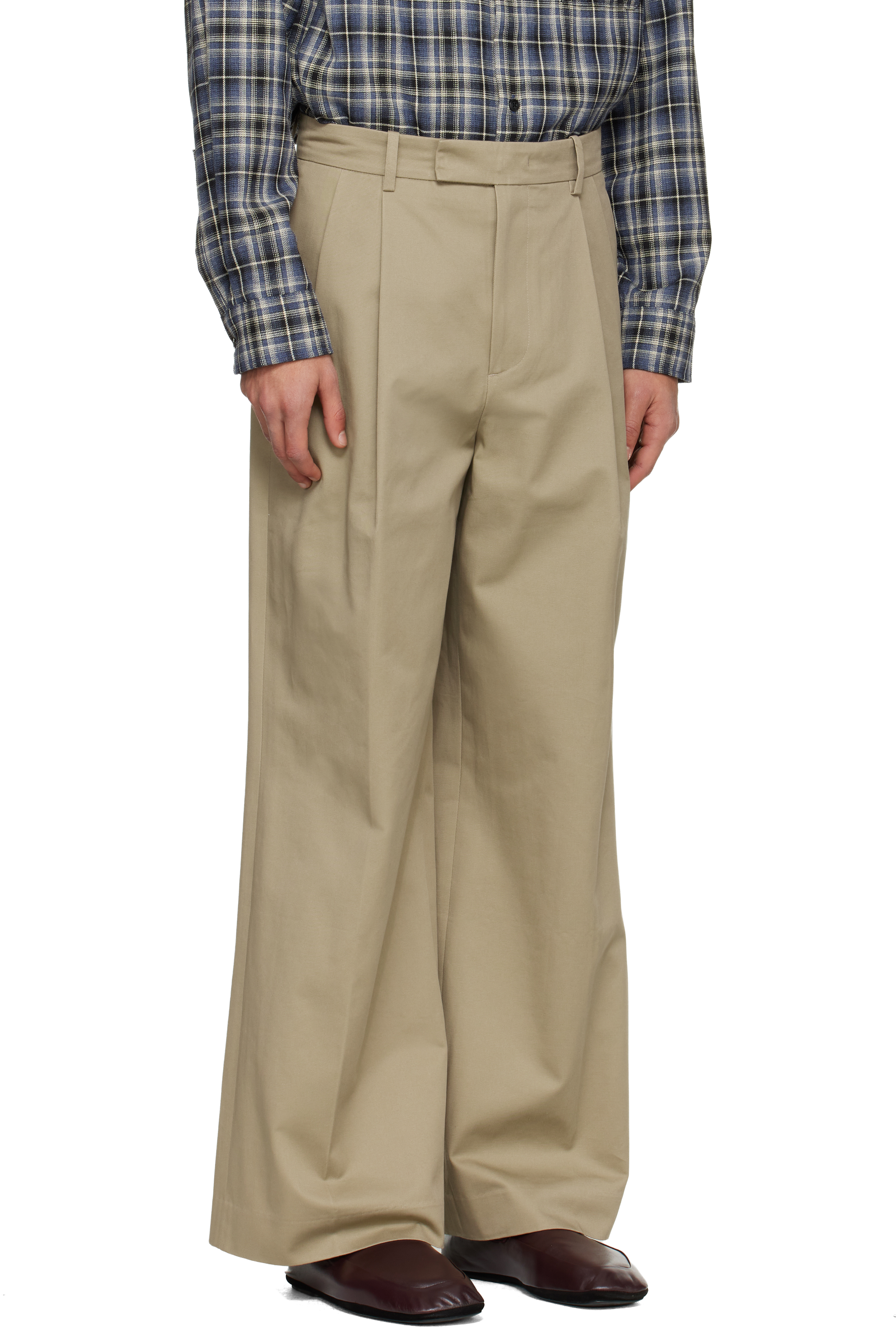 Tonywack Beige Cotton Drill Wide Leg Pleated Trousers In Green