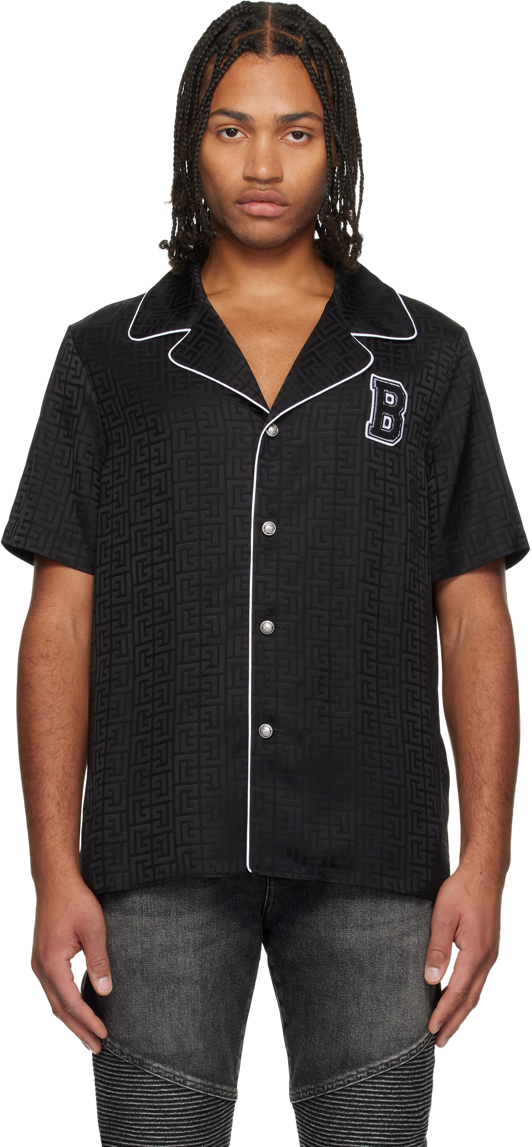 Balmain Pb Labyrinthe Monogram Varsity Pajama Shirt In Black