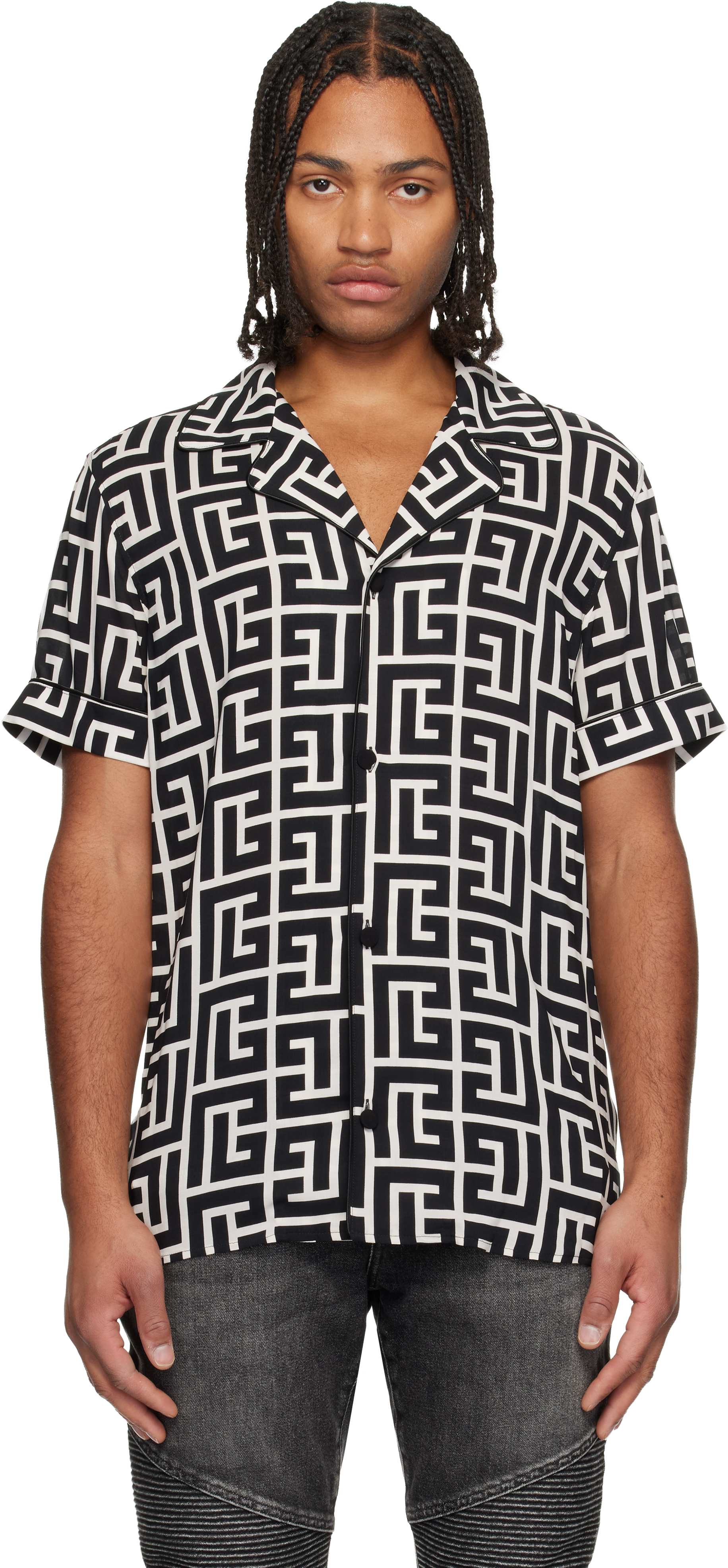 Balmain Monogram Print Pajama Shirt In Black