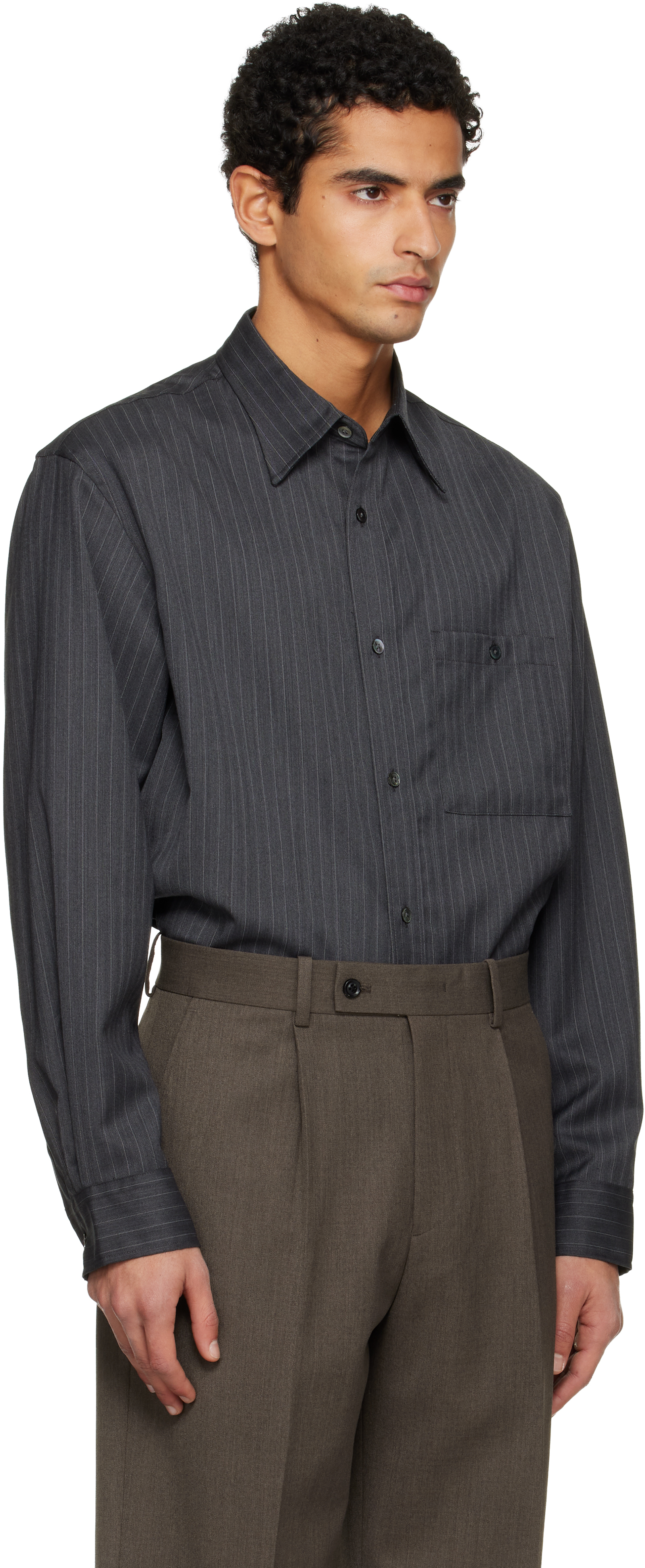 Tonywack Grey Pinstriped Shirt With Pointed Collar In Wool Blend Man In Gray