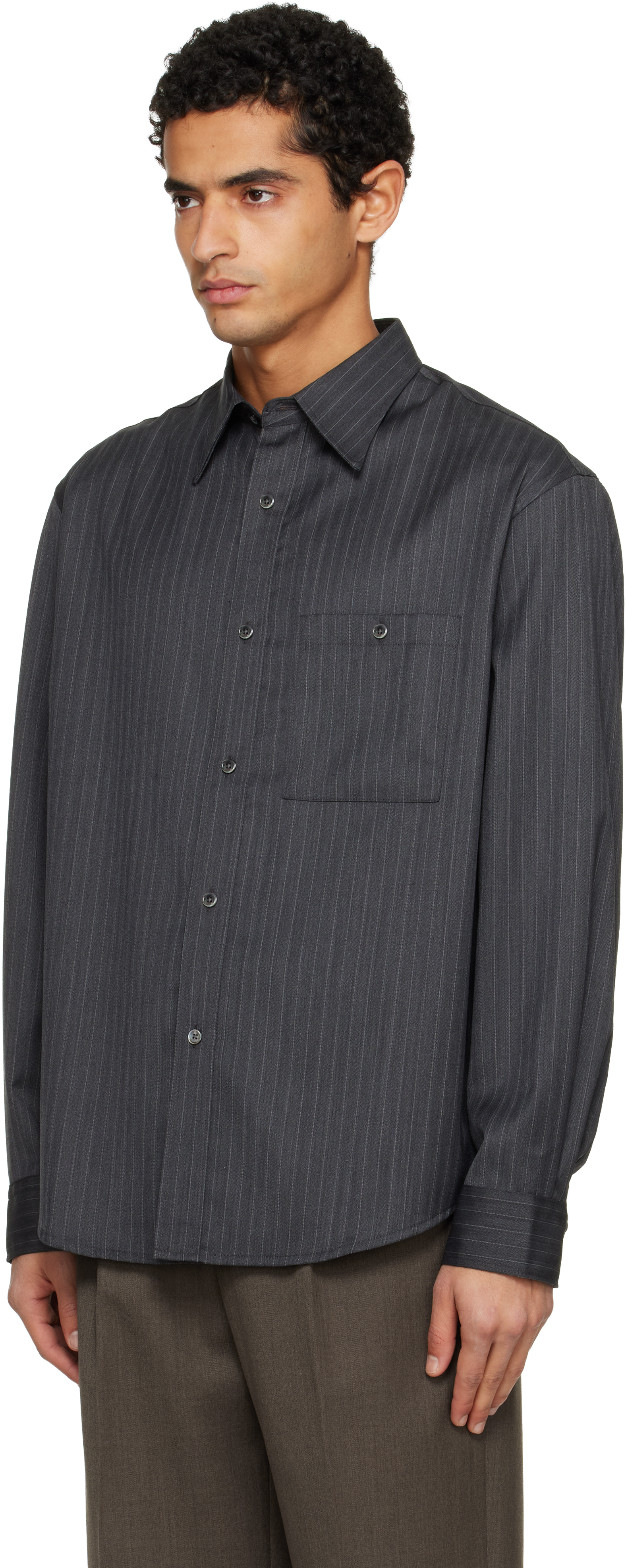 Tonywack Grey Pinstriped Shirt With Pointed Collar In Wool Blend Man In Gray