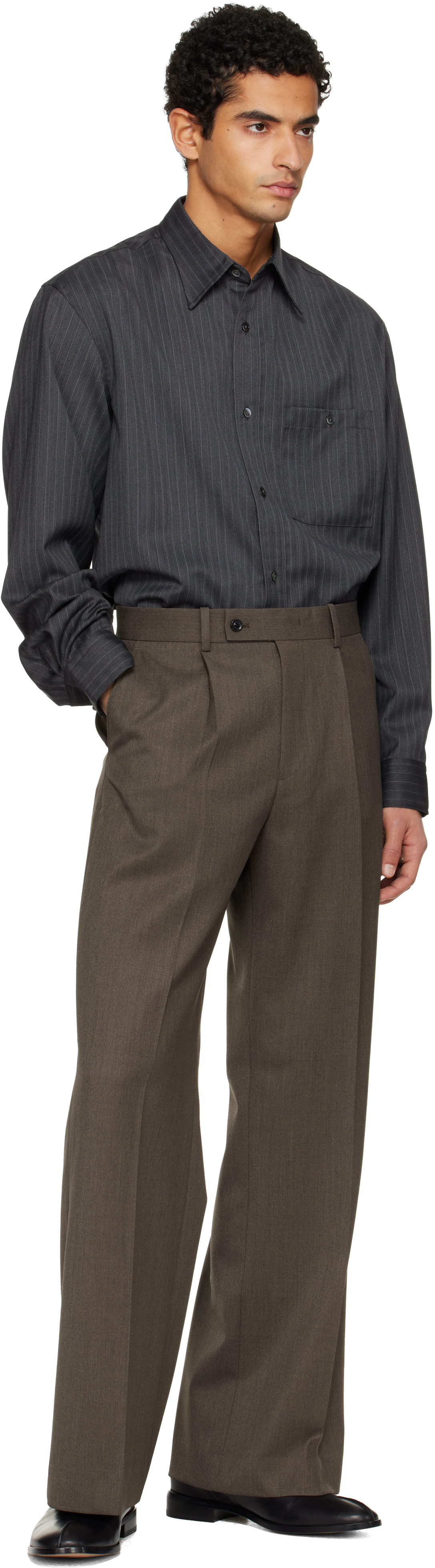 Tonywack Grey Pinstriped Shirt With Pointed Collar In Wool Blend Man In Gray