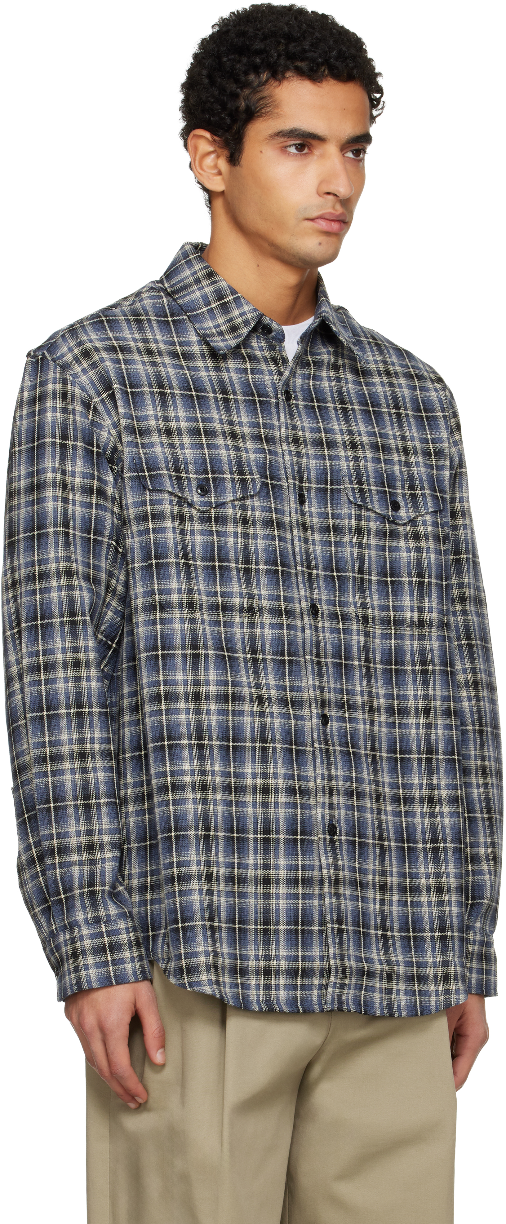 Tonywack Navy Checked Cotton Double Pocket Shirt In Blue