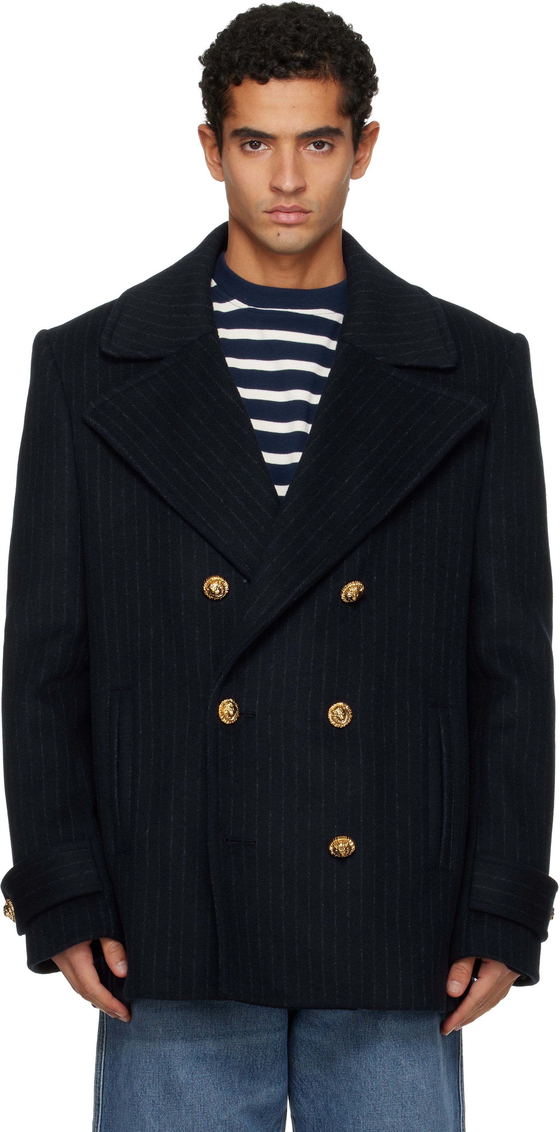Balmain Navy Short Striped Wool Pea Coat In Blue