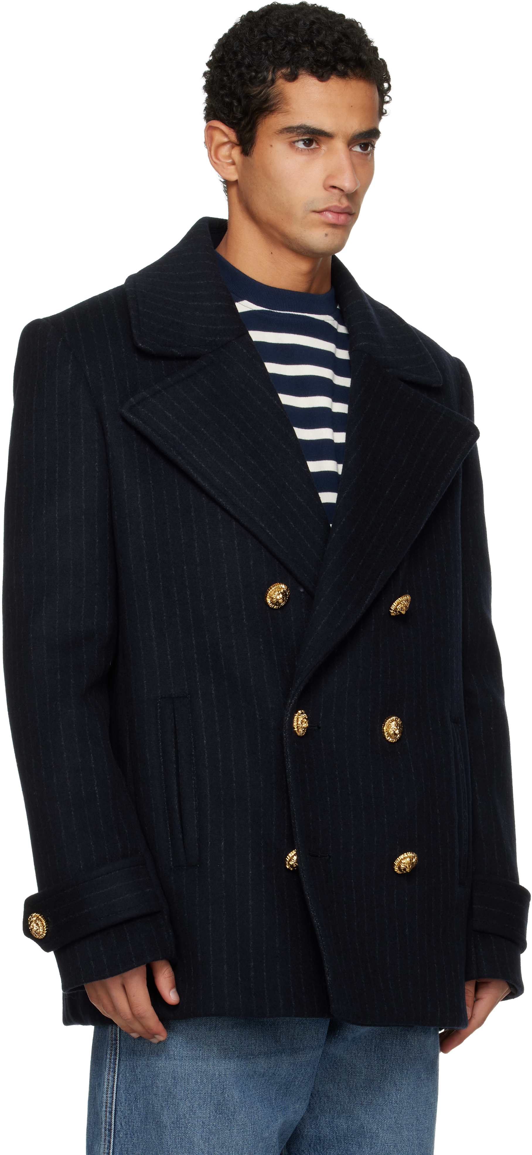 Balmain Navy Short Striped Wool Pea Coat In Blue