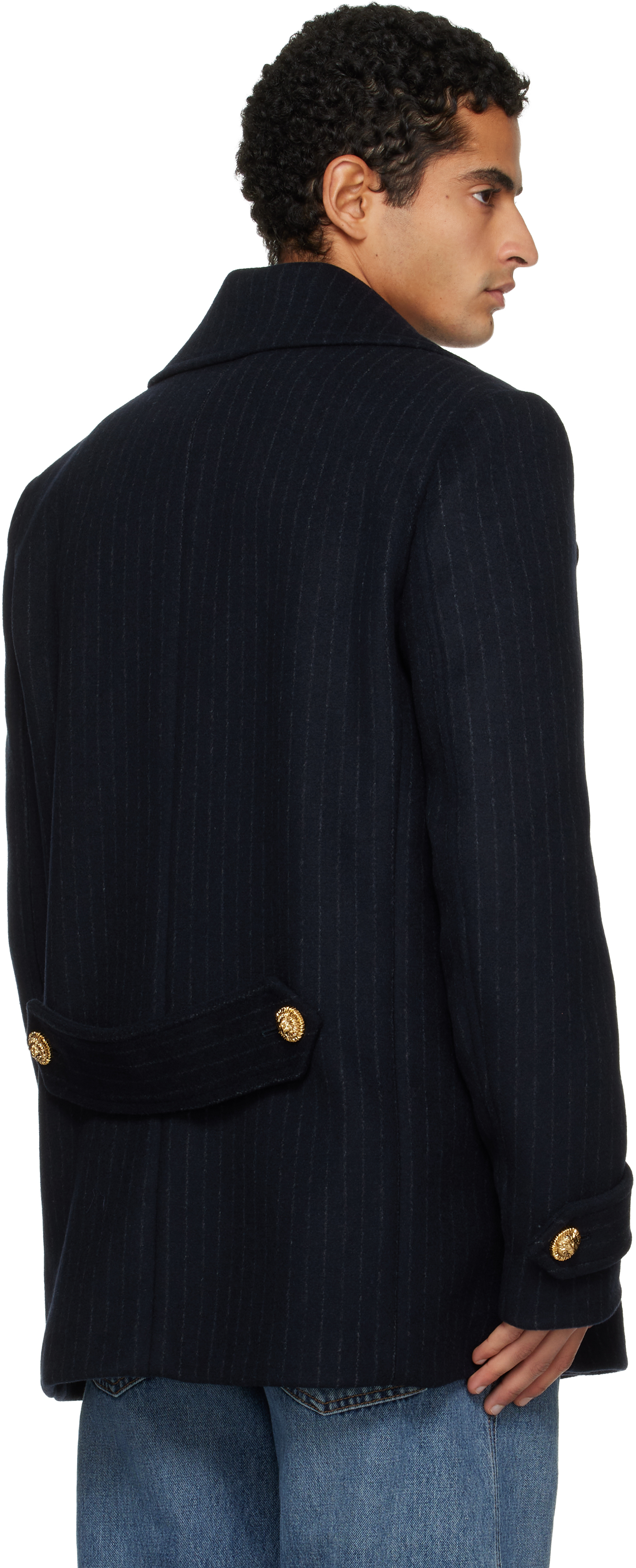 Balmain Navy Short Striped Wool Pea Coat In Blue