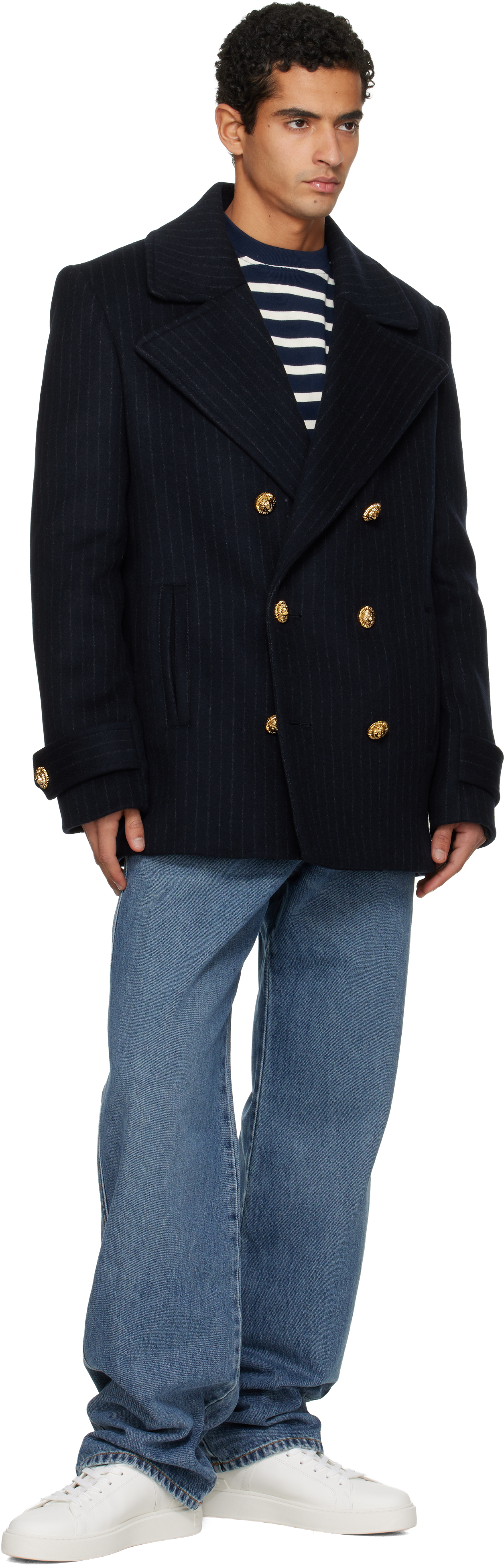 Balmain Navy Short Striped Wool Pea Coat In Blue