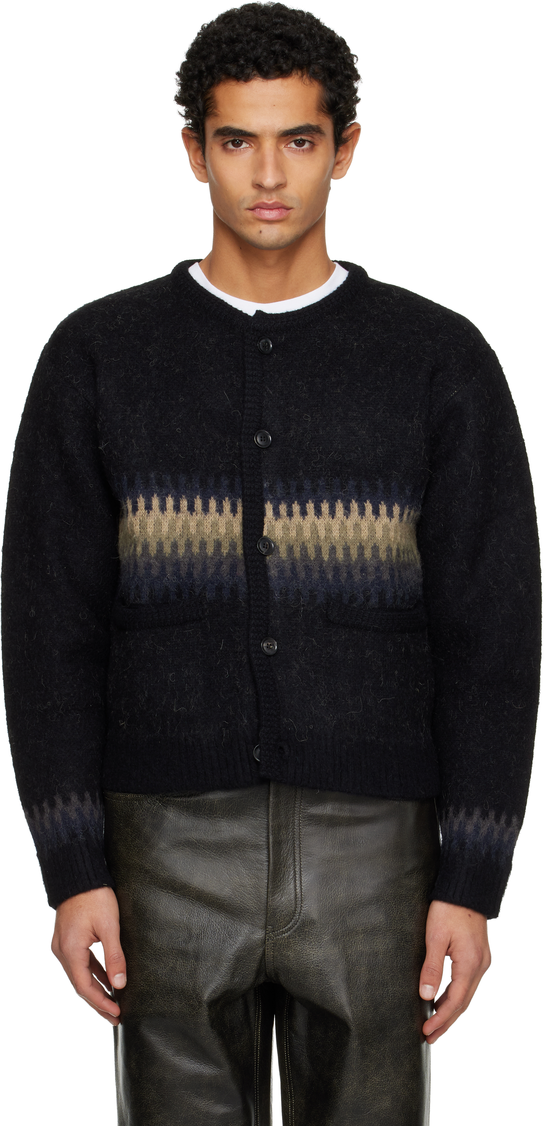 Black Alpaca Jacquard Knitted Cardigan by TONYWACK on Sale