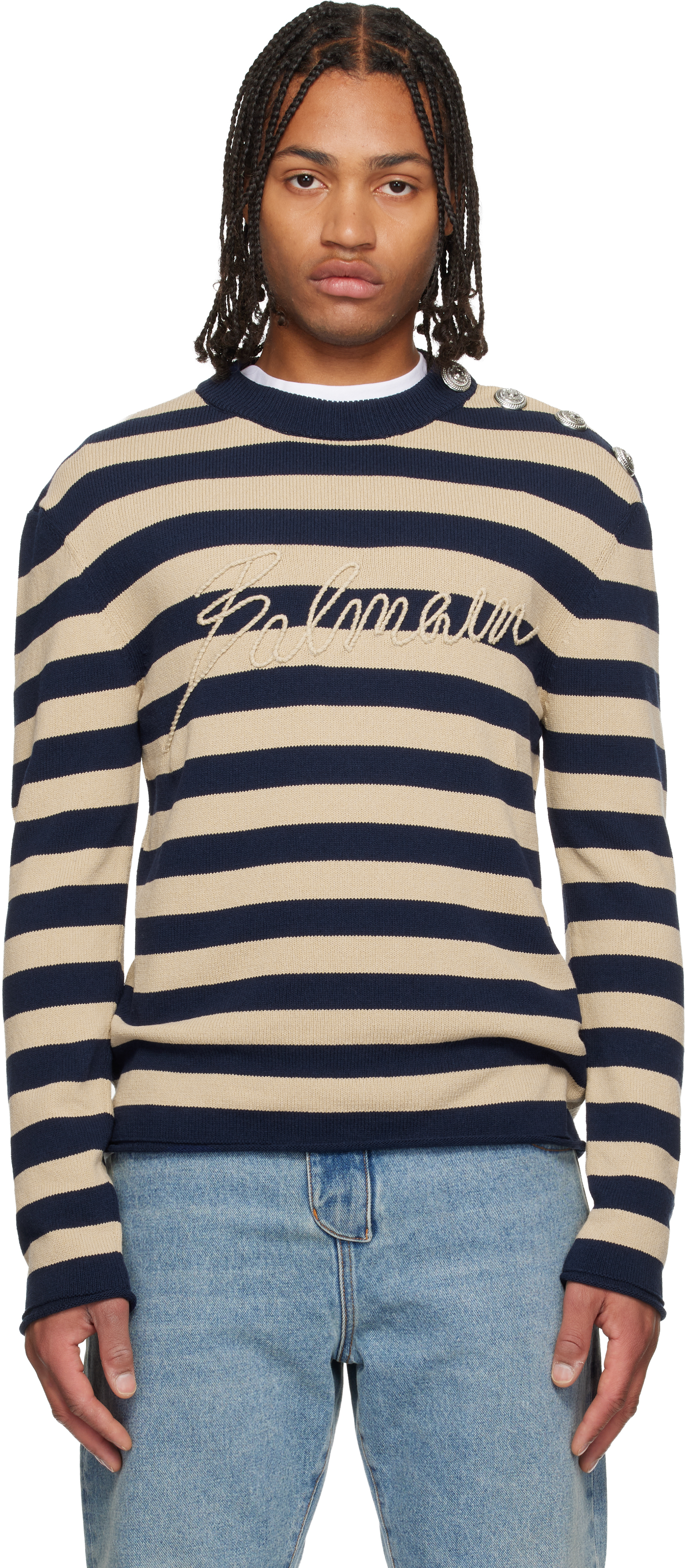 Balmain Striped Sweater With Logo Embroidery In Gray