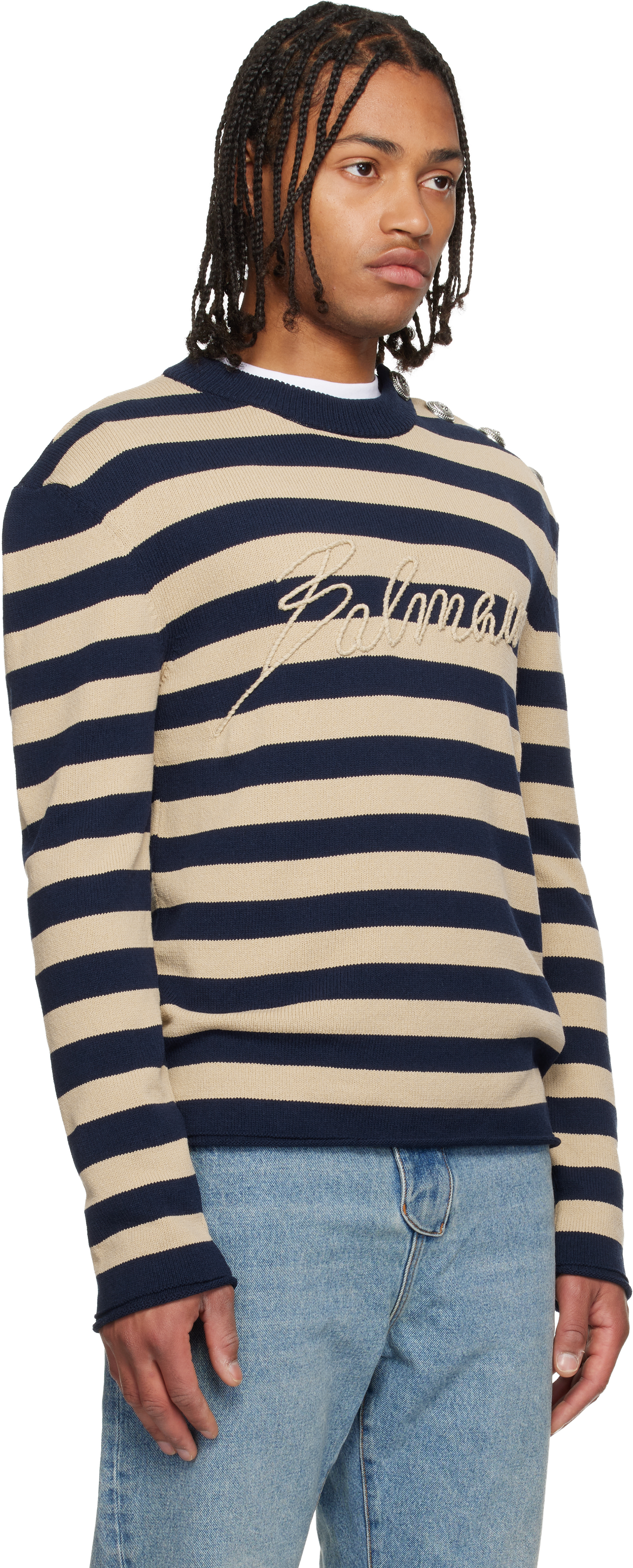 Balmain Striped Sweater With Logo Embroidery In Gray