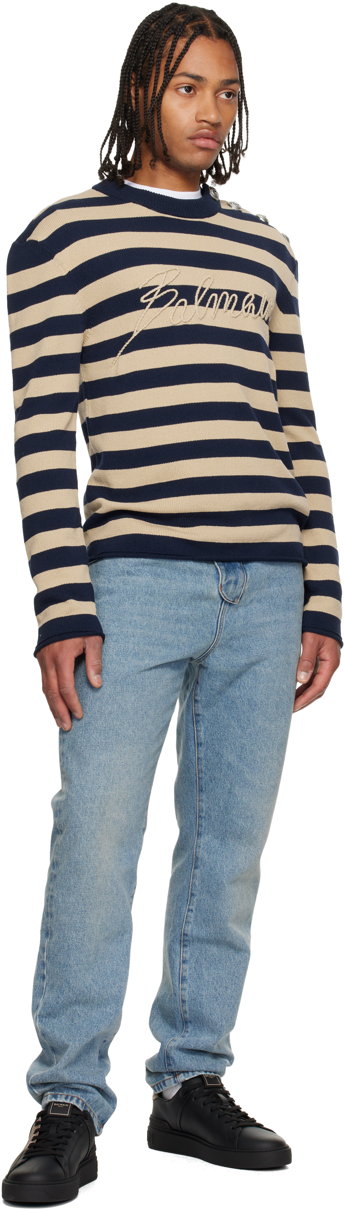 Balmain Striped Sweater With Logo Embroidery In Gray