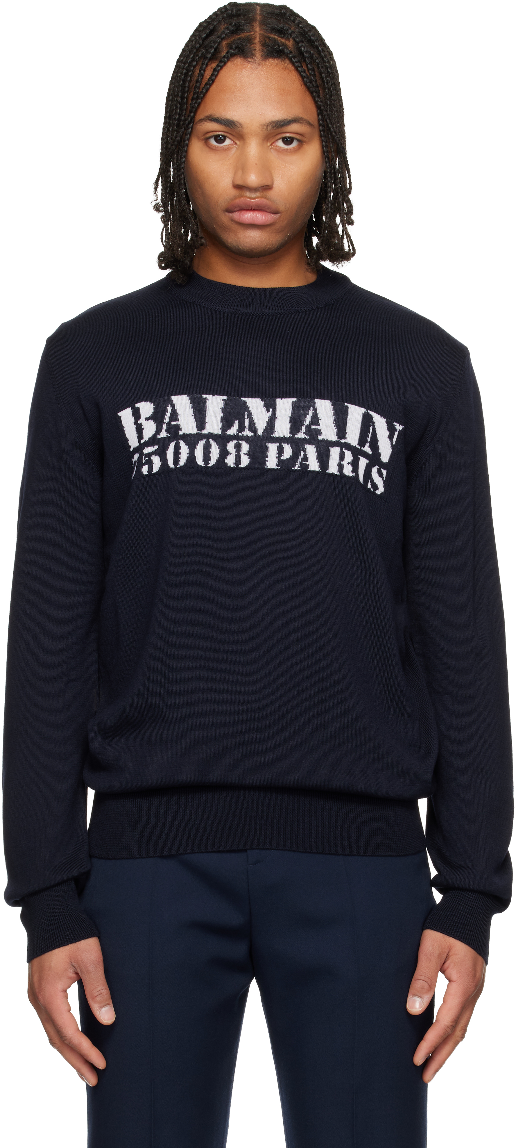 Balmain Black '' Stamp Merino Wool Sweater In Blue