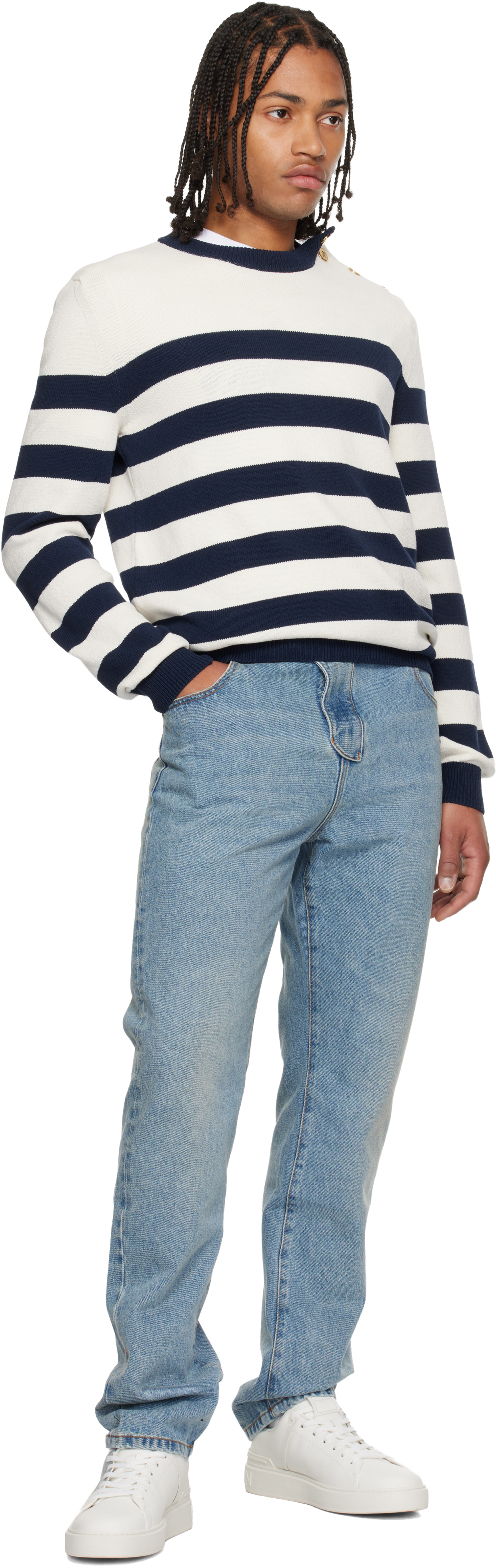 Balmain Striped Crew Neck Long Sleeve Sweater In White
