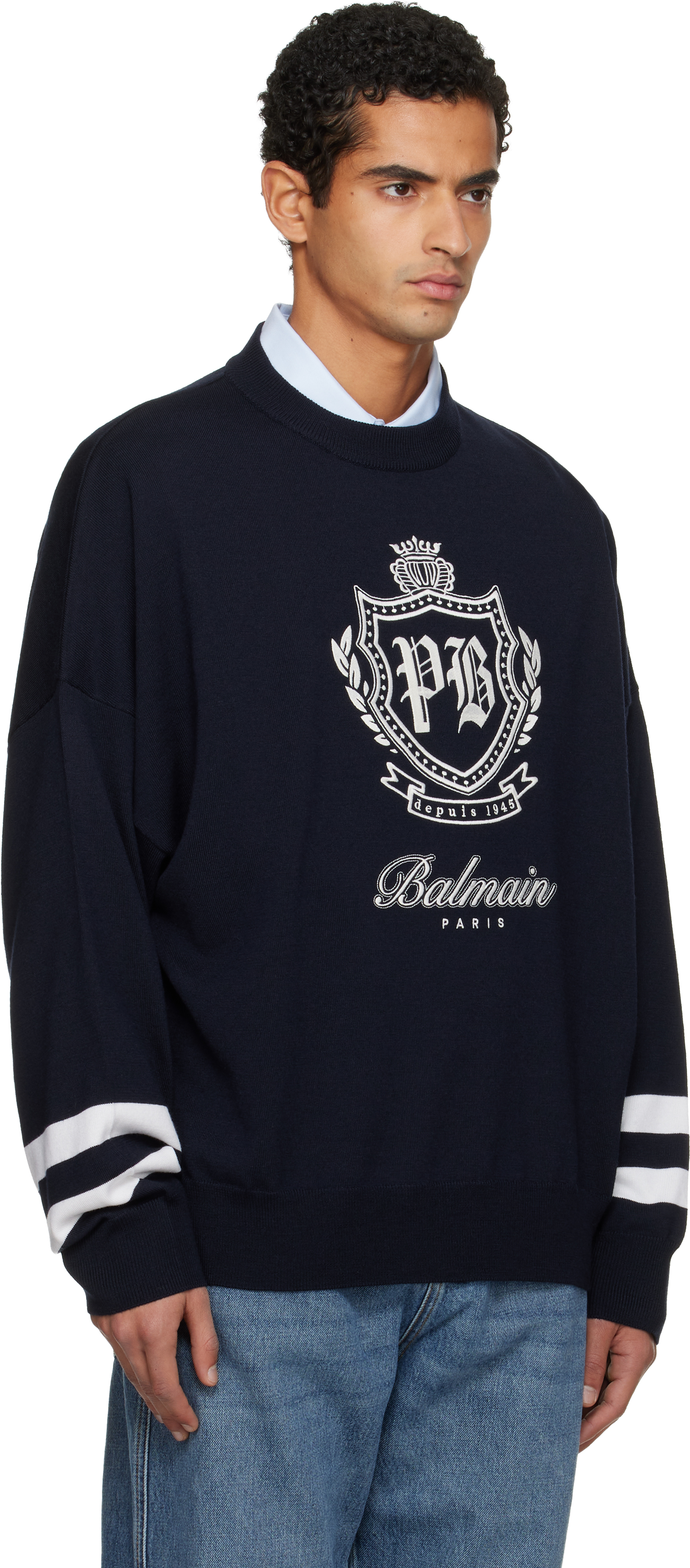 Balmain Navy College Emblem Knit Sweater In Blue