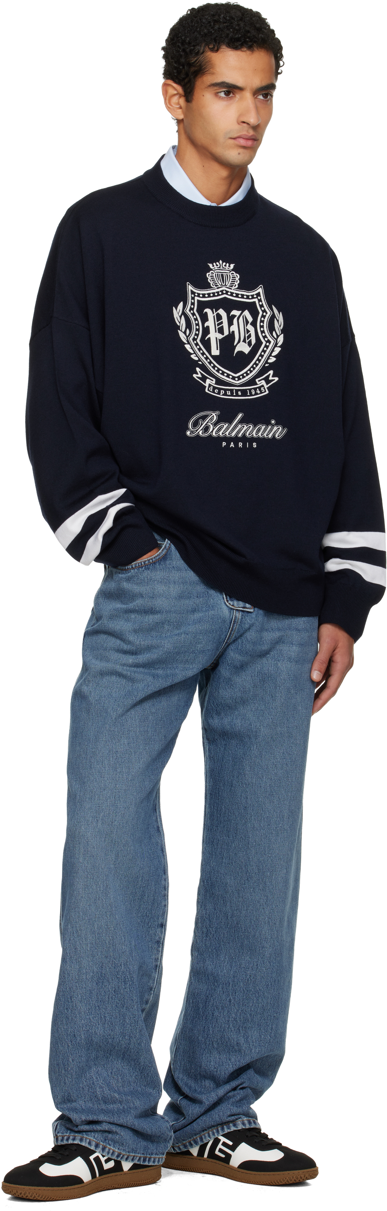 Balmain Navy College Emblem Knit Sweater In Blue